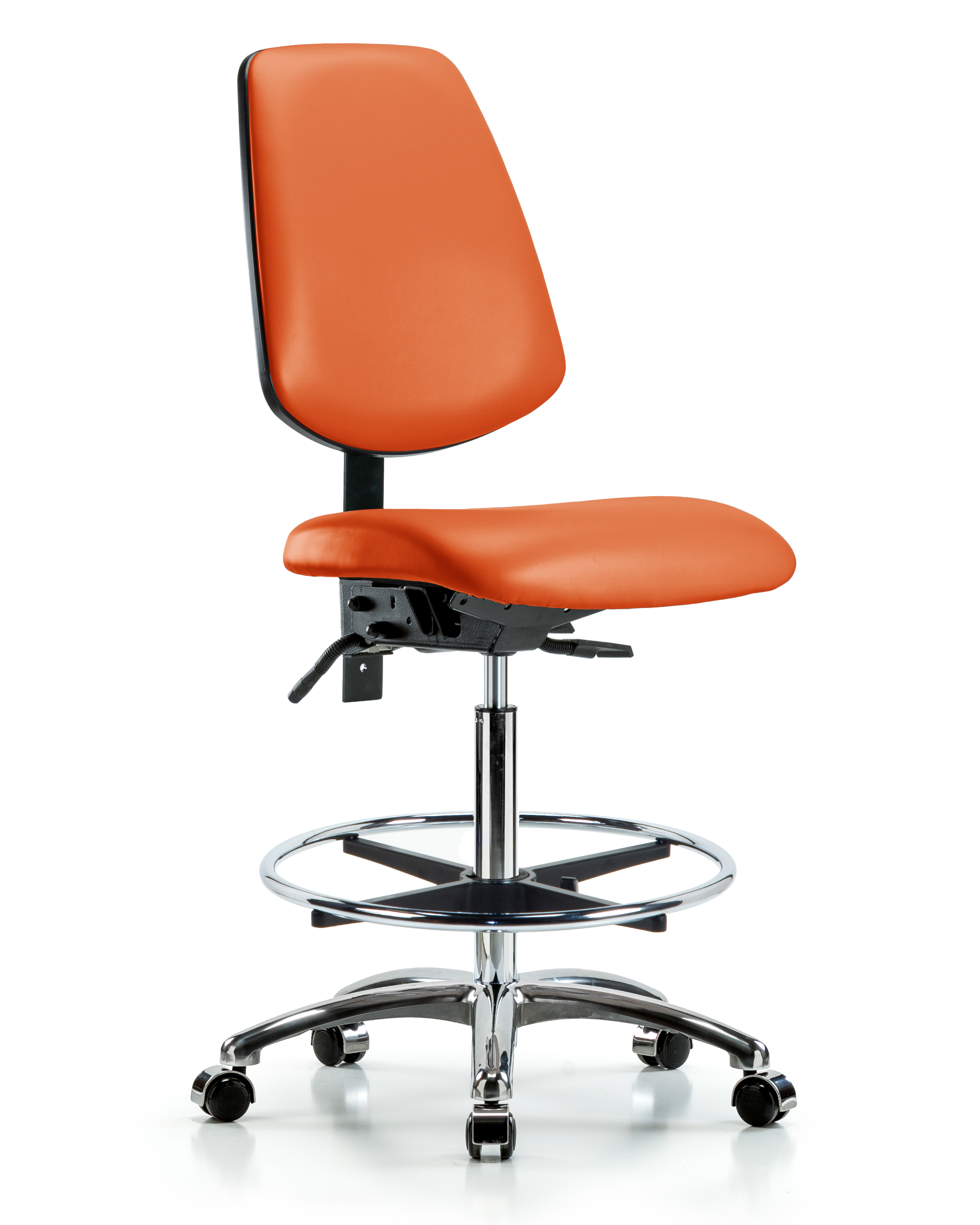 Rutledge Vinyl Chair Chrome - High Bench Height with Medium Back, Seat Tilt, Chrome Foot Ring, & Casters in Orange Kist Trailblazer Vinyl