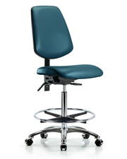 Rutledge Vinyl Chair Chrome - High Bench Height with Medium Back, Seat Tilt, Chrome Foot Ring, & Casters in Marine Blue Supernova Vinyl
