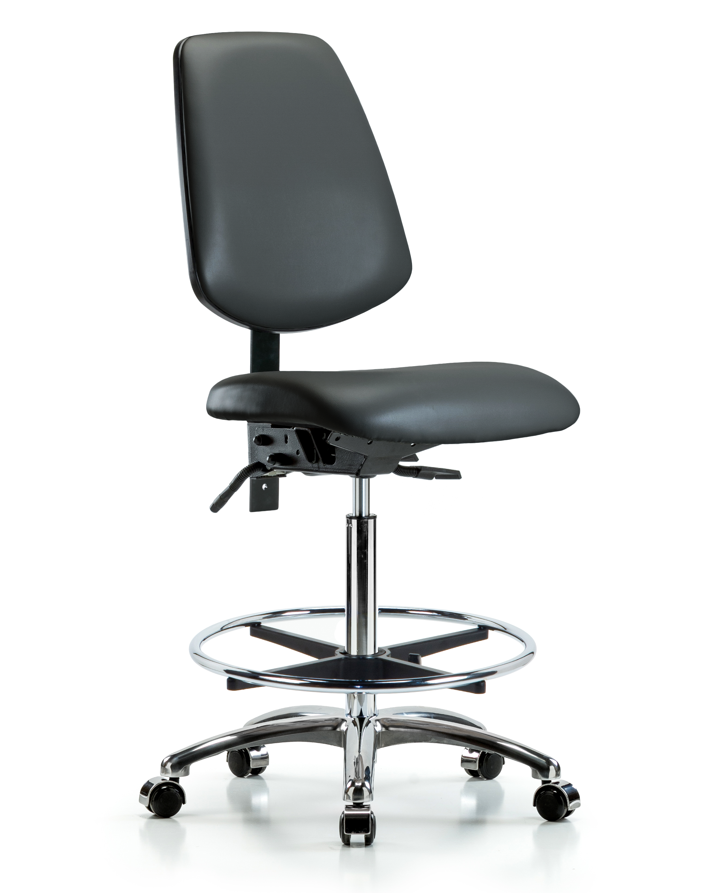 Rutledge Vinyl Chair Chrome - High Bench Height with Medium Back, Seat Tilt, Chrome Foot Ring, & Casters in Carbon Supernova Vinyl