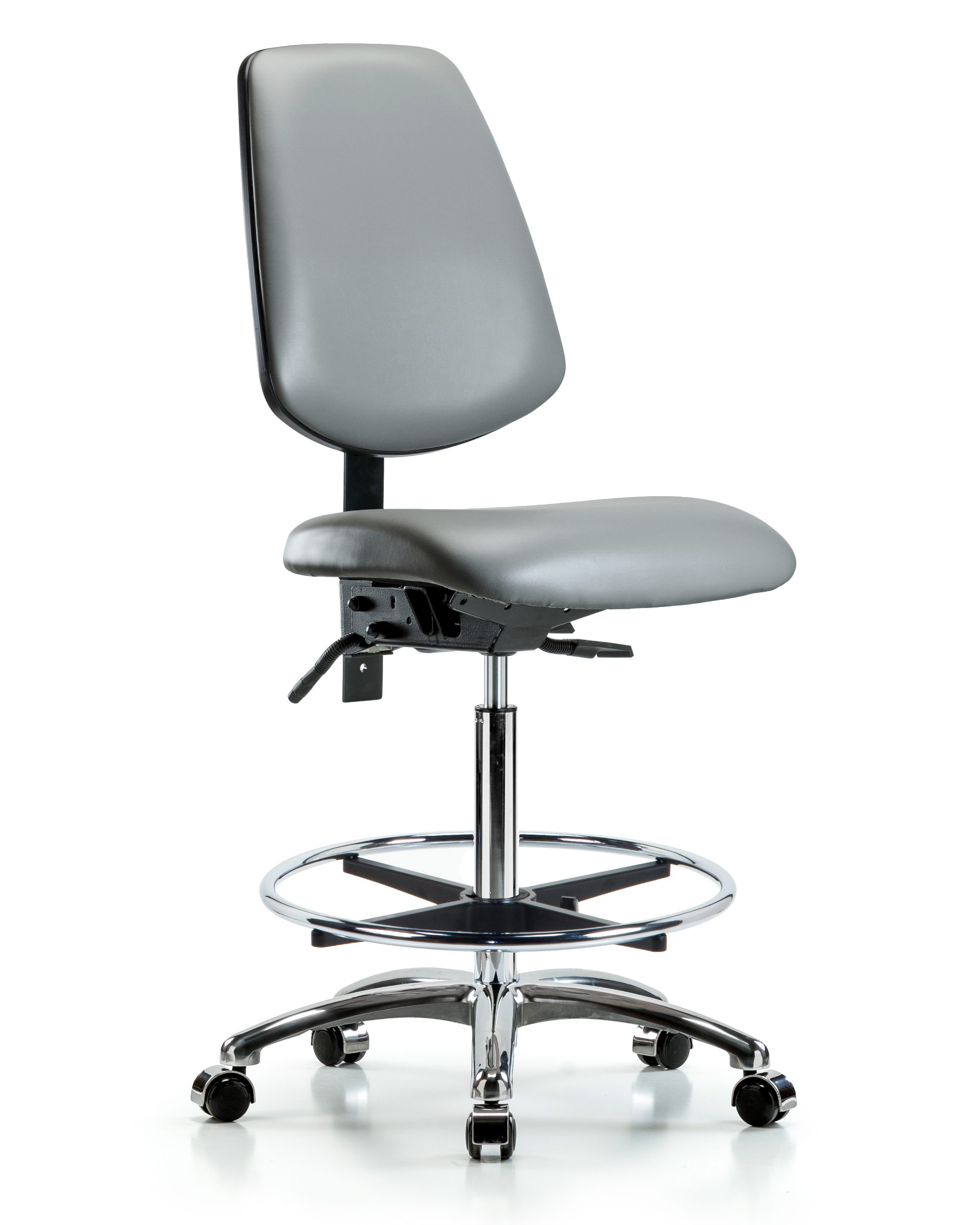 Rutledge Vinyl Chair Chrome - High Bench Height with Medium Back, Seat Tilt, Chrome Foot Ring, & Casters in Sterling Supernova Vinyl