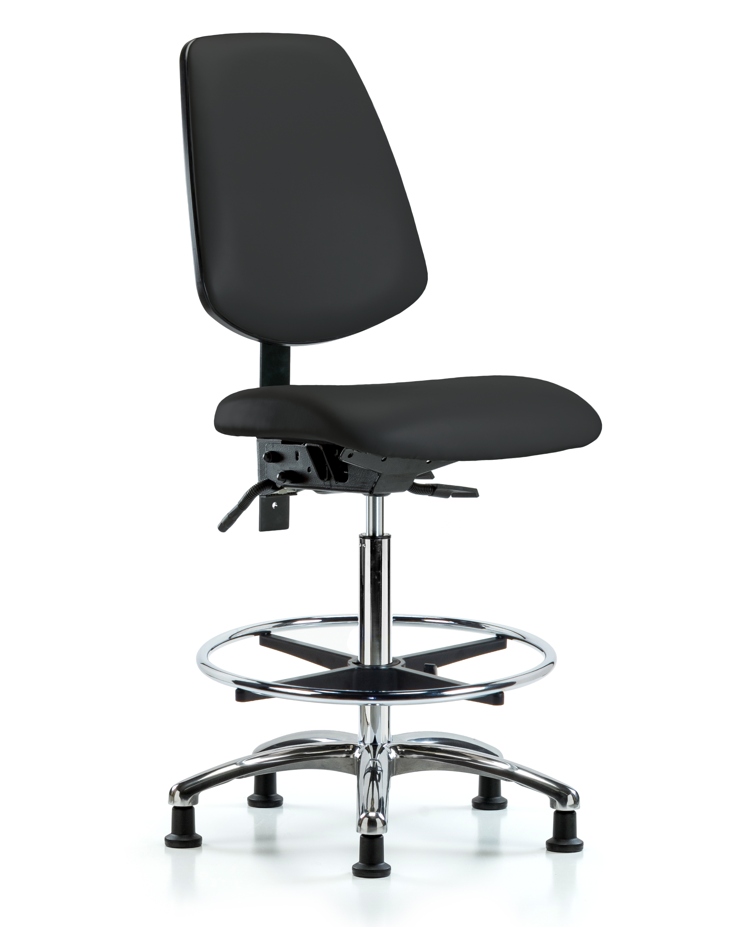 Rutledge Vinyl Chair Chrome - High Bench Height with Medium Back, Seat Tilt, Chrome Foot Ring, & Stationary Glides in Black Trailblazer Vinyl