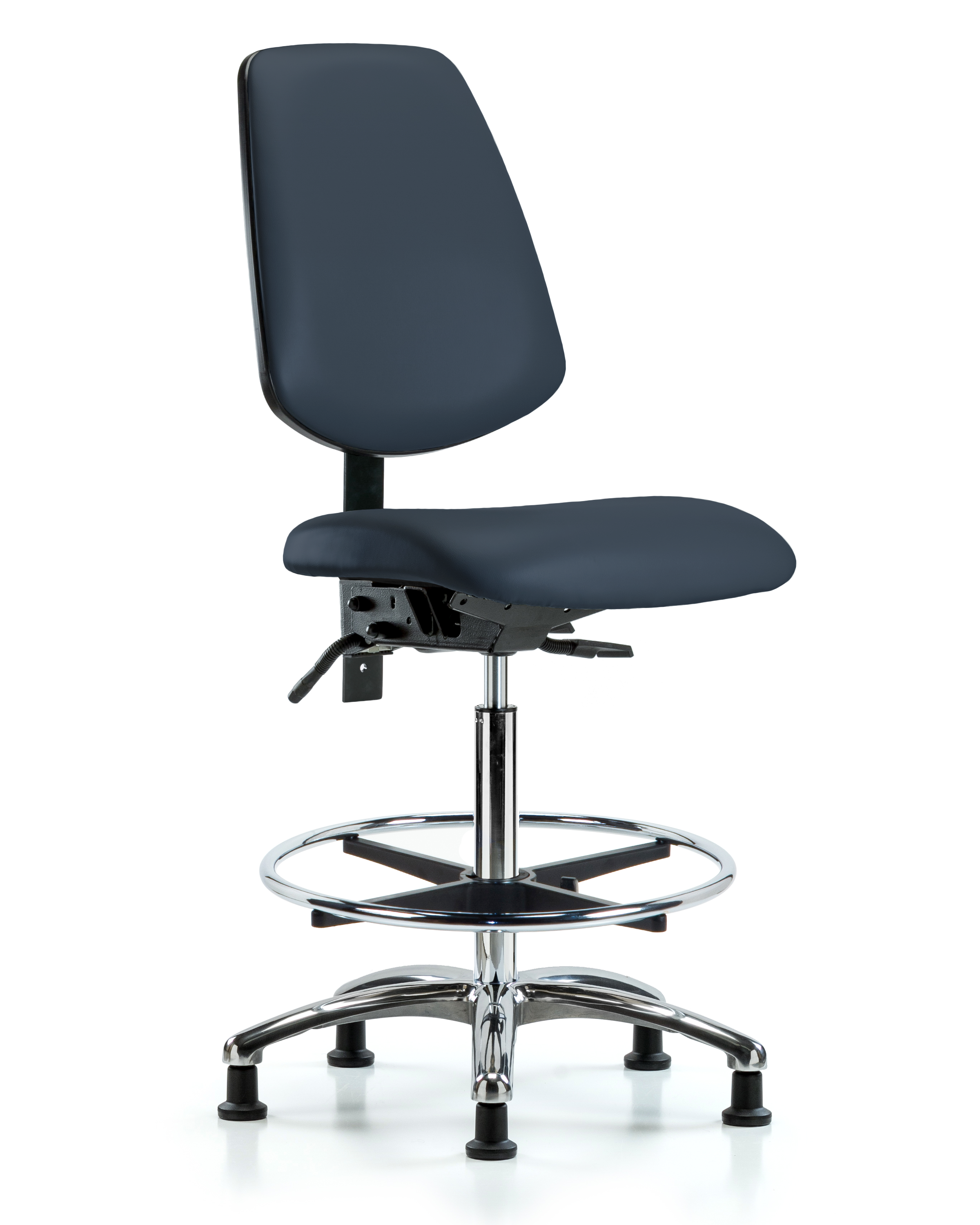 Rutledge Vinyl Chair Chrome - High Bench Height with Medium Back, Seat Tilt, Chrome Foot Ring, & Stationary Glides in Imperial Blue Trailblazer Vinyl