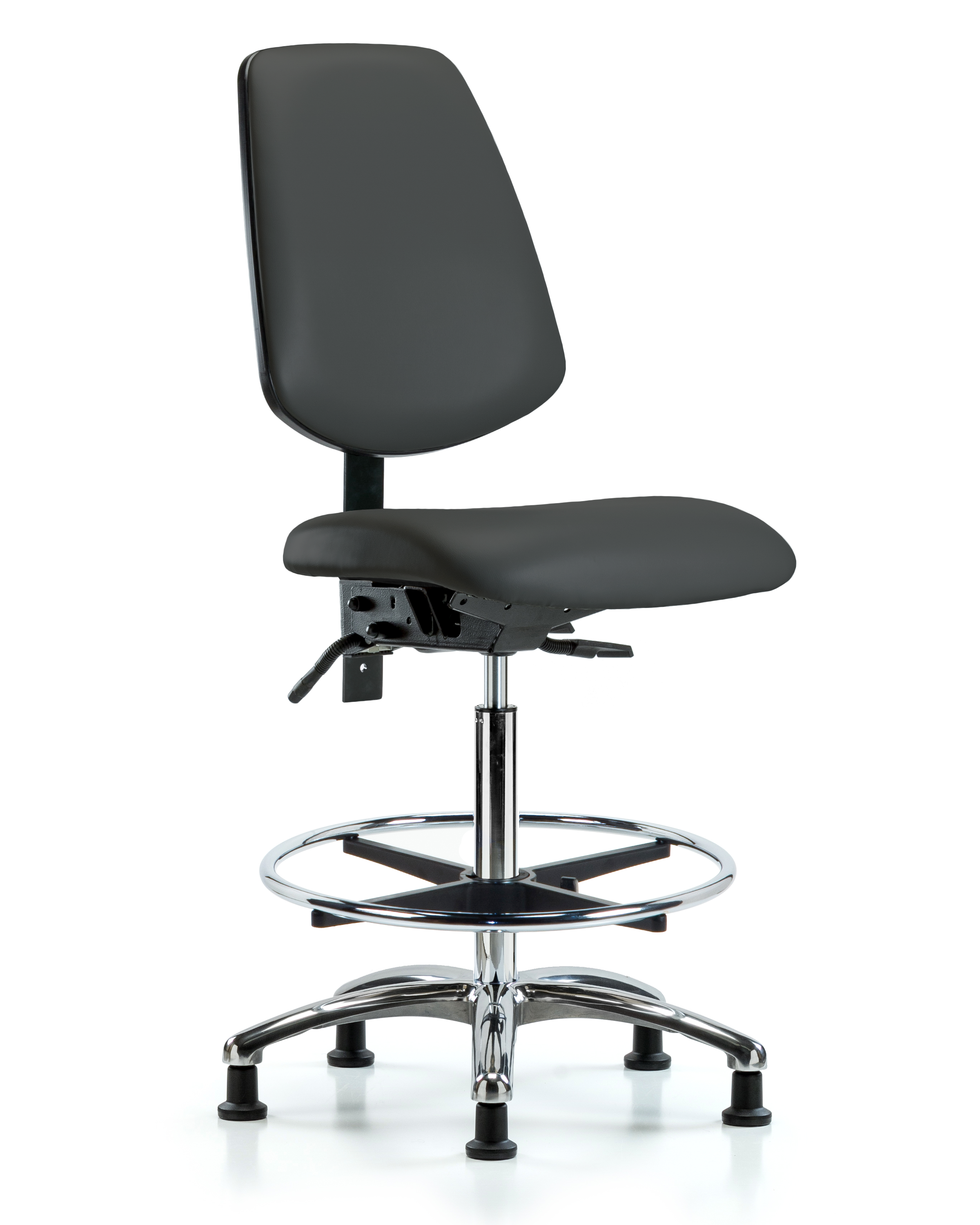 Rutledge Vinyl Chair Chrome - High Bench Height with Medium Back, Seat Tilt, Chrome Foot Ring, & Stationary Glides in Charcoal Trailblazer Vinyl
