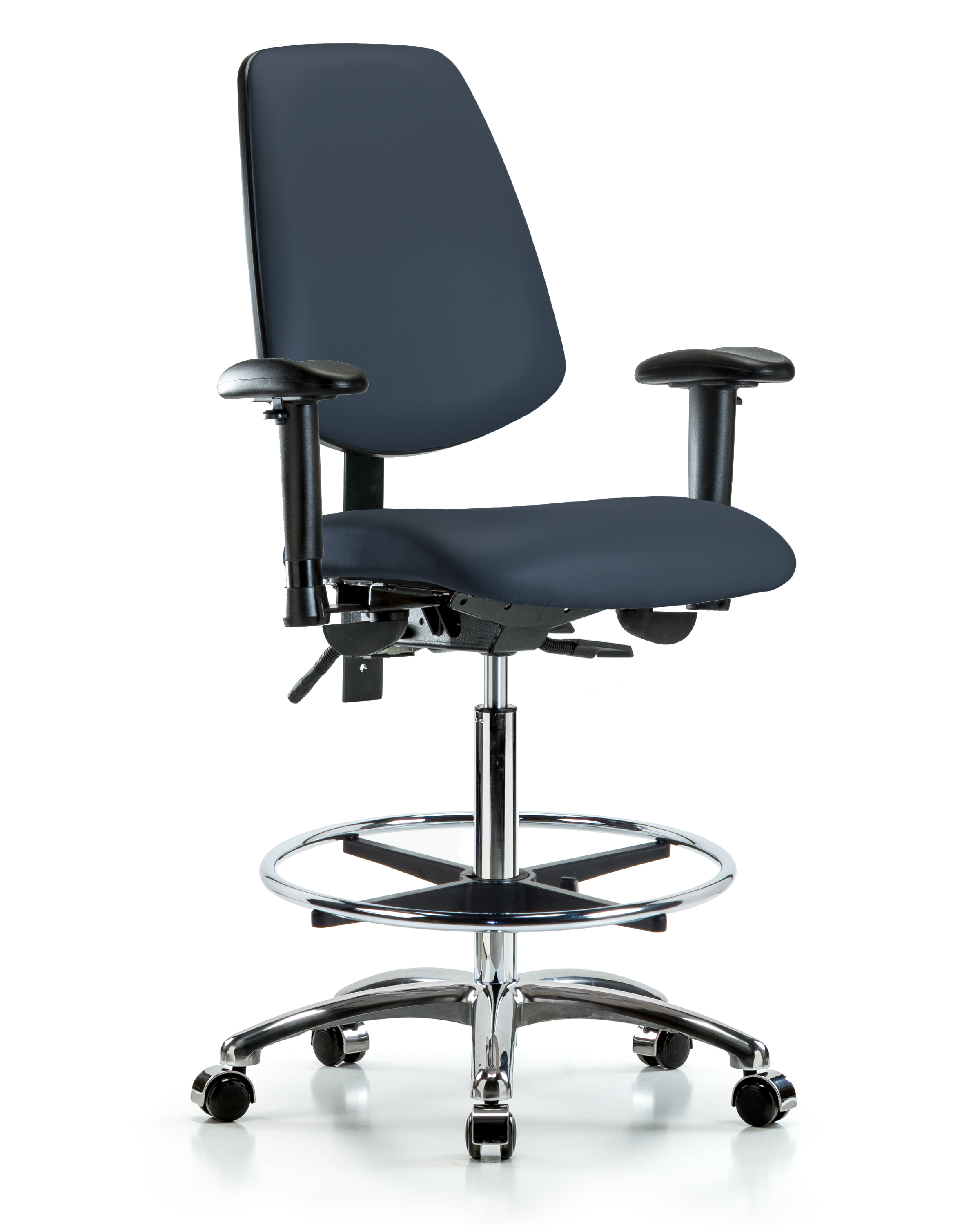 Rutledge Vinyl Chair Chrome - High Bench Height with Medium Back, Seat Tilt, Adjustable Arms, Chrome Foot Ring, & Casters in Imperial Blue Trailblazer Vinyl