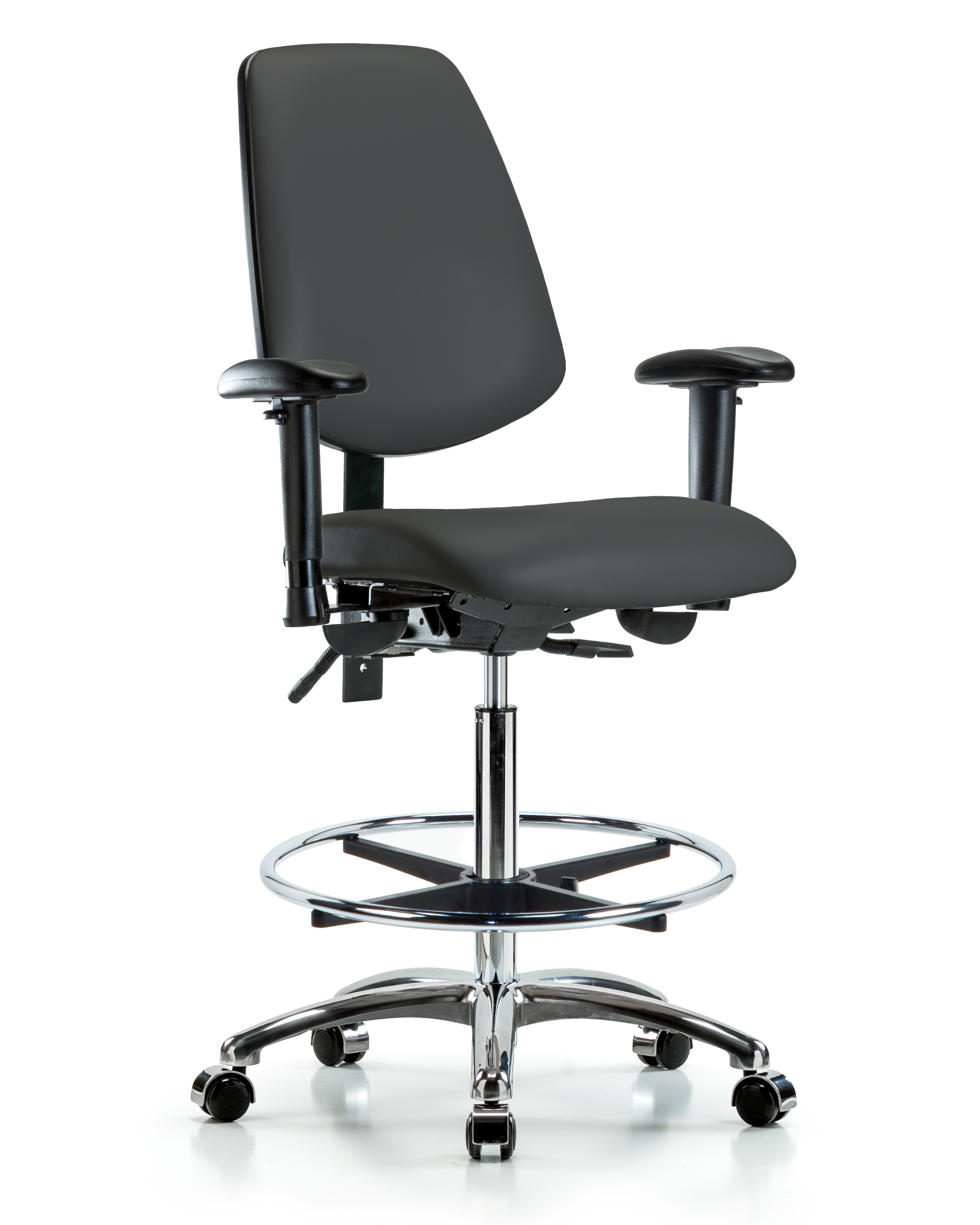 Rutledge Vinyl Chair Chrome - High Bench Height with Medium Back, Seat Tilt, Adjustable Arms, Chrome Foot Ring, & Casters in Charcoal Trailblazer Vinyl