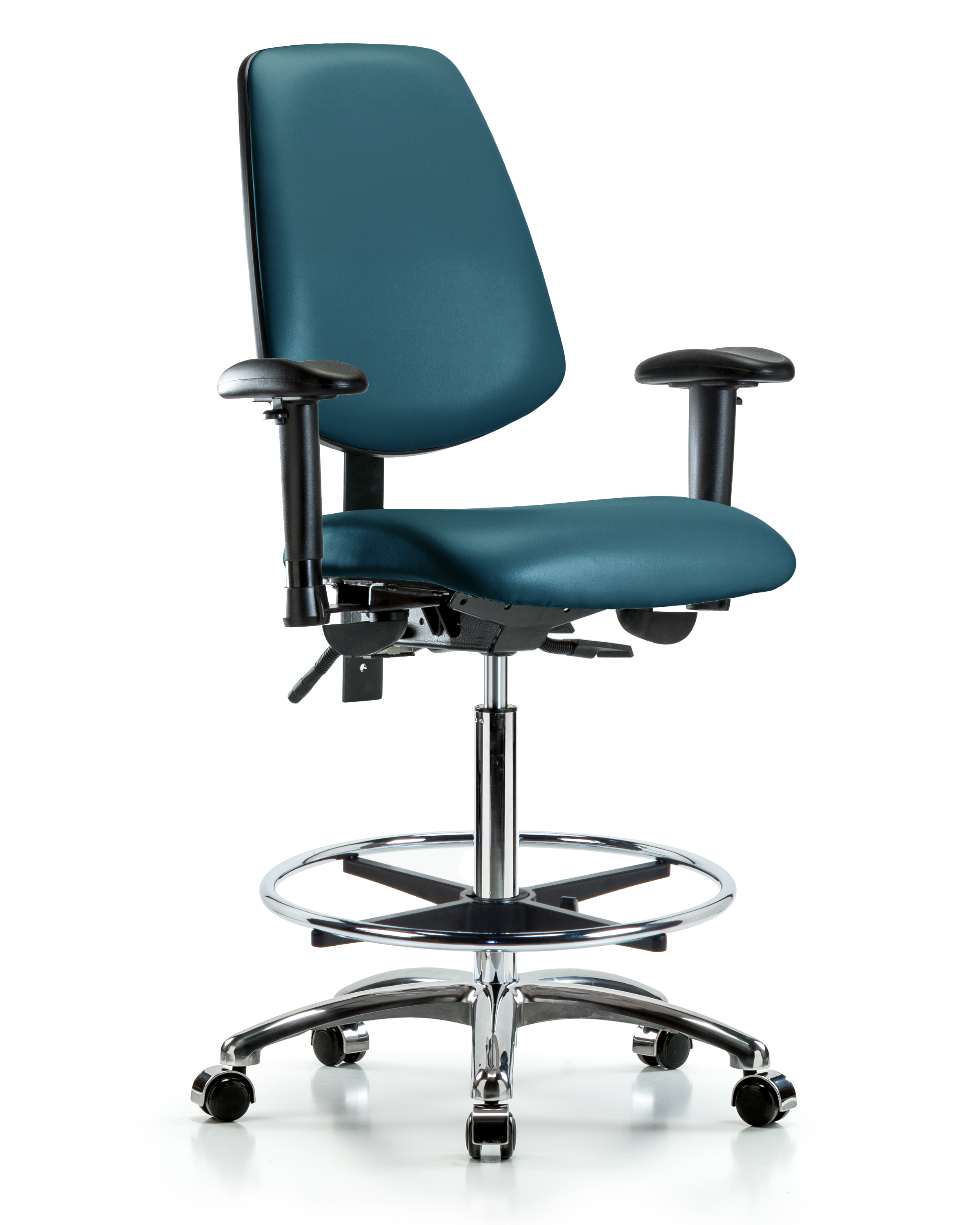 Rutledge Vinyl Chair Chrome - High Bench Height with Medium Back, Seat Tilt, Adjustable Arms, Chrome Foot Ring, & Casters in Marine Blue Supernova Vinyl