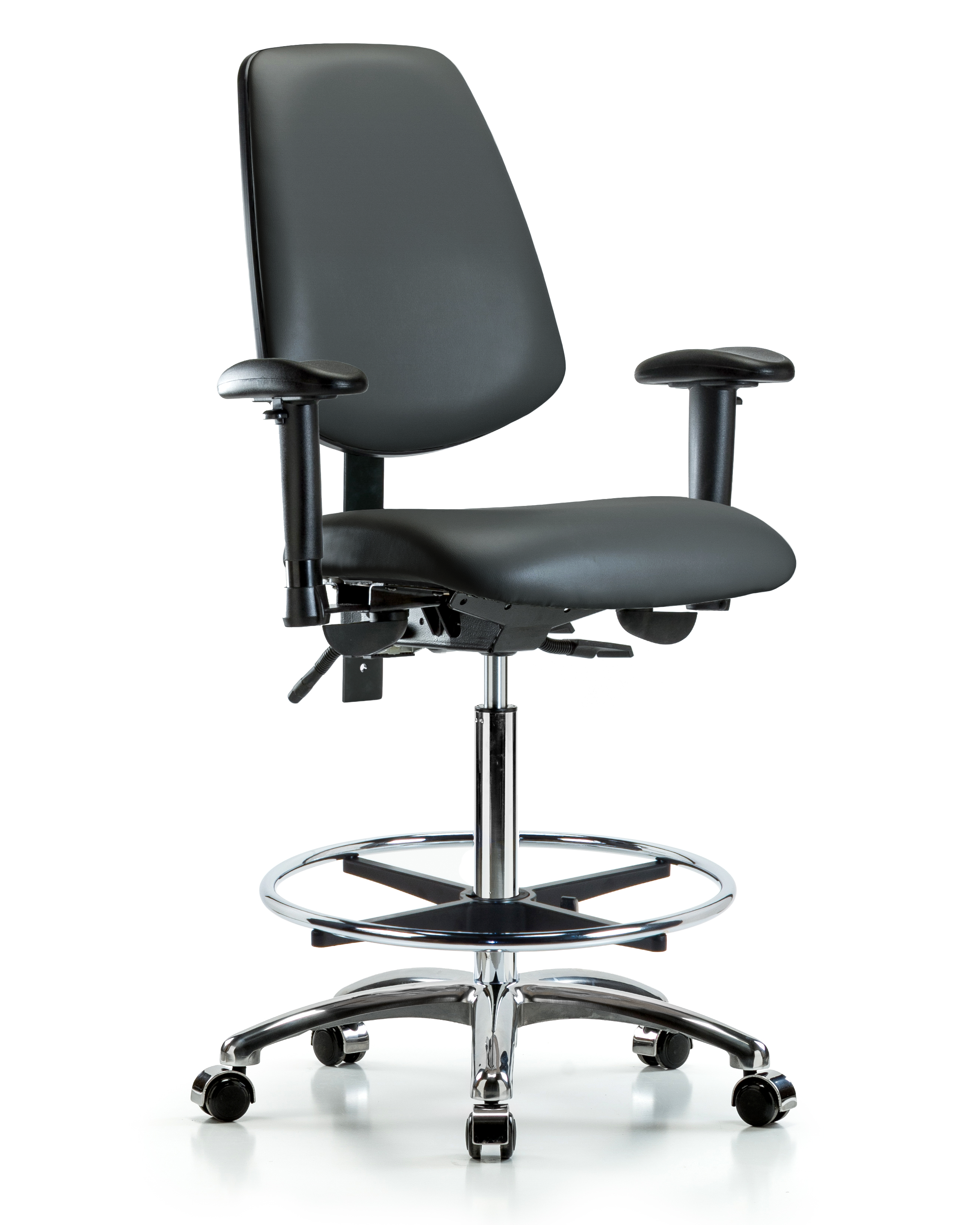 Rutledge Vinyl Chair Chrome - High Bench Height with Medium Back, Seat Tilt, Adjustable Arms, Chrome Foot Ring, & Casters in Carbon Supernova Vinyl