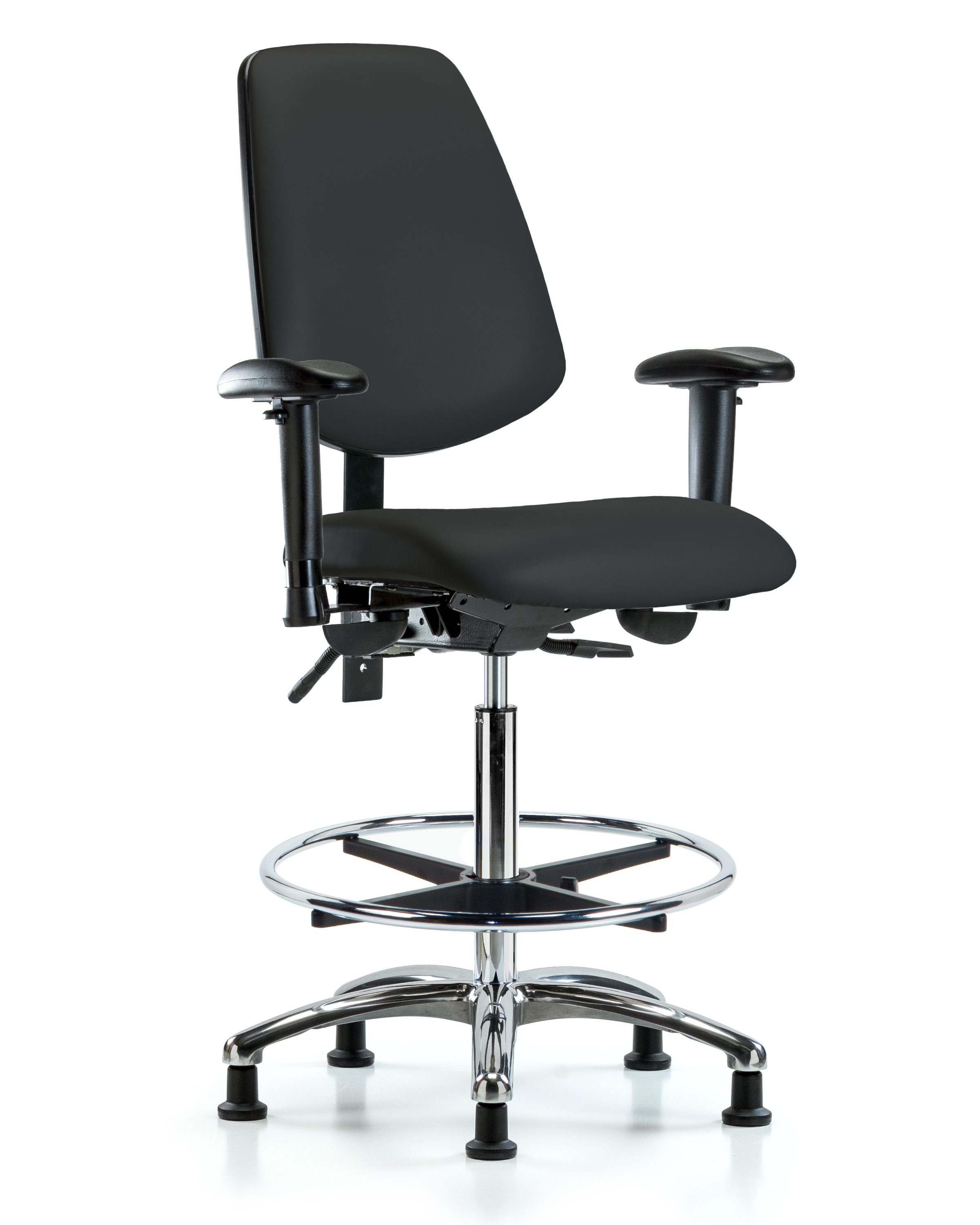 Rutledge Vinyl Chair Chrome - High Bench Height with Medium Back, Seat Tilt, Adjustable Arms, Chrome Foot Ring, & Stationary Glides in Black Trailblazer Vinyl