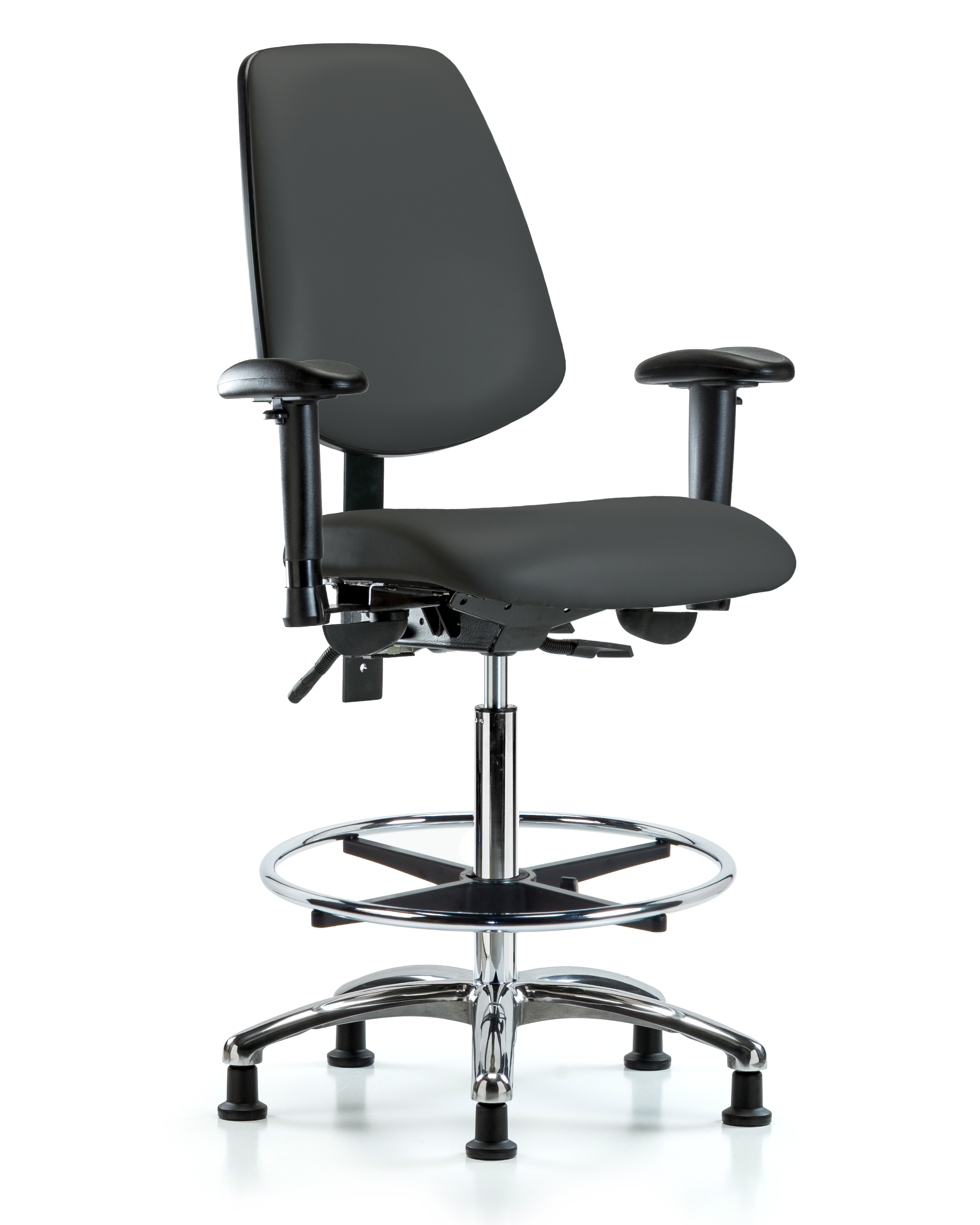 Rutledge Vinyl Chair Chrome - High Bench Height with Medium Back, Seat Tilt, Adjustable Arms, Chrome Foot Ring, & Stationary Glides in Charcoal Trailblazer Vinyl