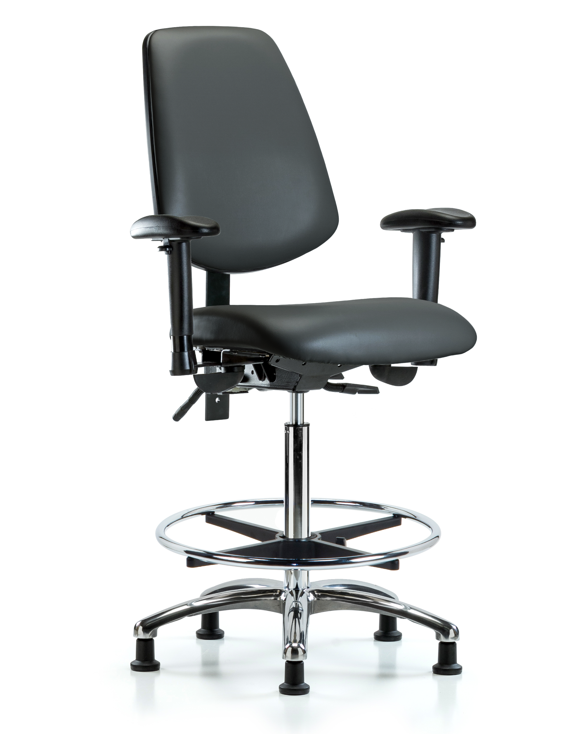 Rutledge Vinyl Chair Chrome - High Bench Height with Medium Back, Seat Tilt, Adjustable Arms, Chrome Foot Ring, & Stationary Glides in Carbon Supernova Vinyl
