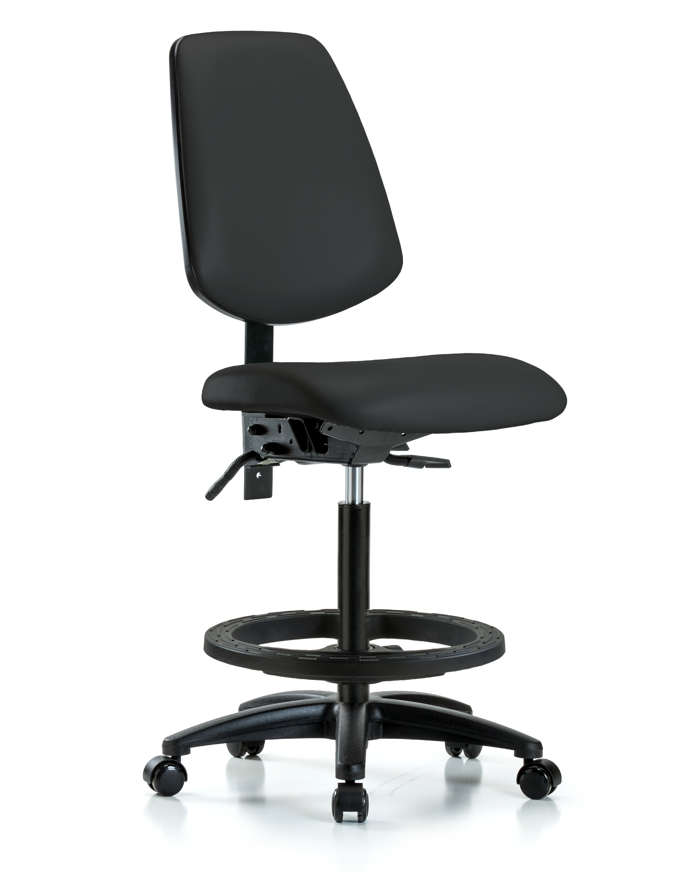 Rutledge Vinyl Chair - High Bench Height with Medium Back, Black Foot Ring, & Casters in Black Trailblazer Vinyl