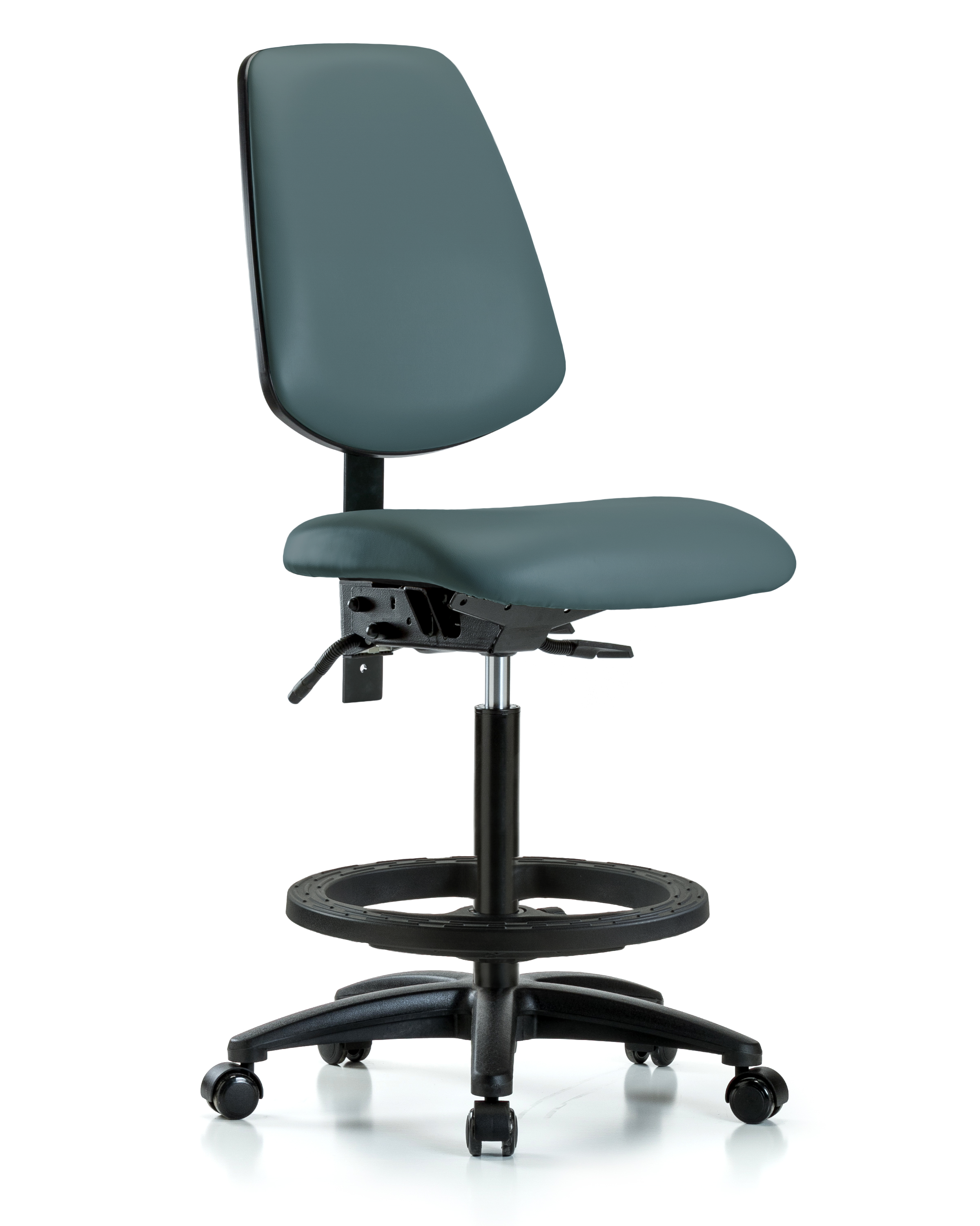 Rutledge Vinyl Chair - High Bench Height with Medium Back, Black Foot Ring, & Casters in Colonial Blue Trailblazer Vinyl