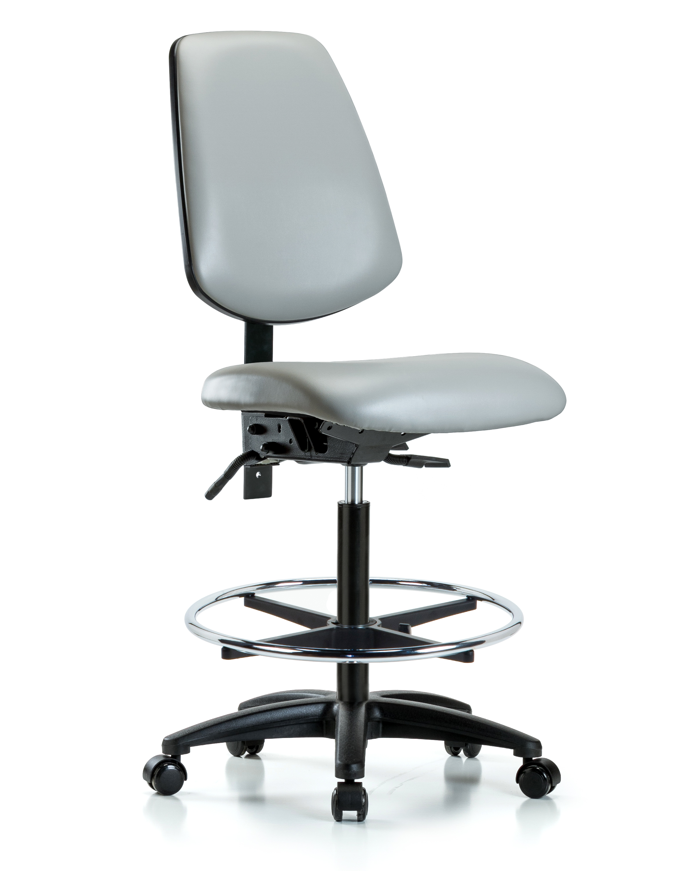 Rutledge Vinyl Chair - High Bench Height with Medium Back, Chrome Foot Ring, & Casters in Dove Trailblazer Vinyl