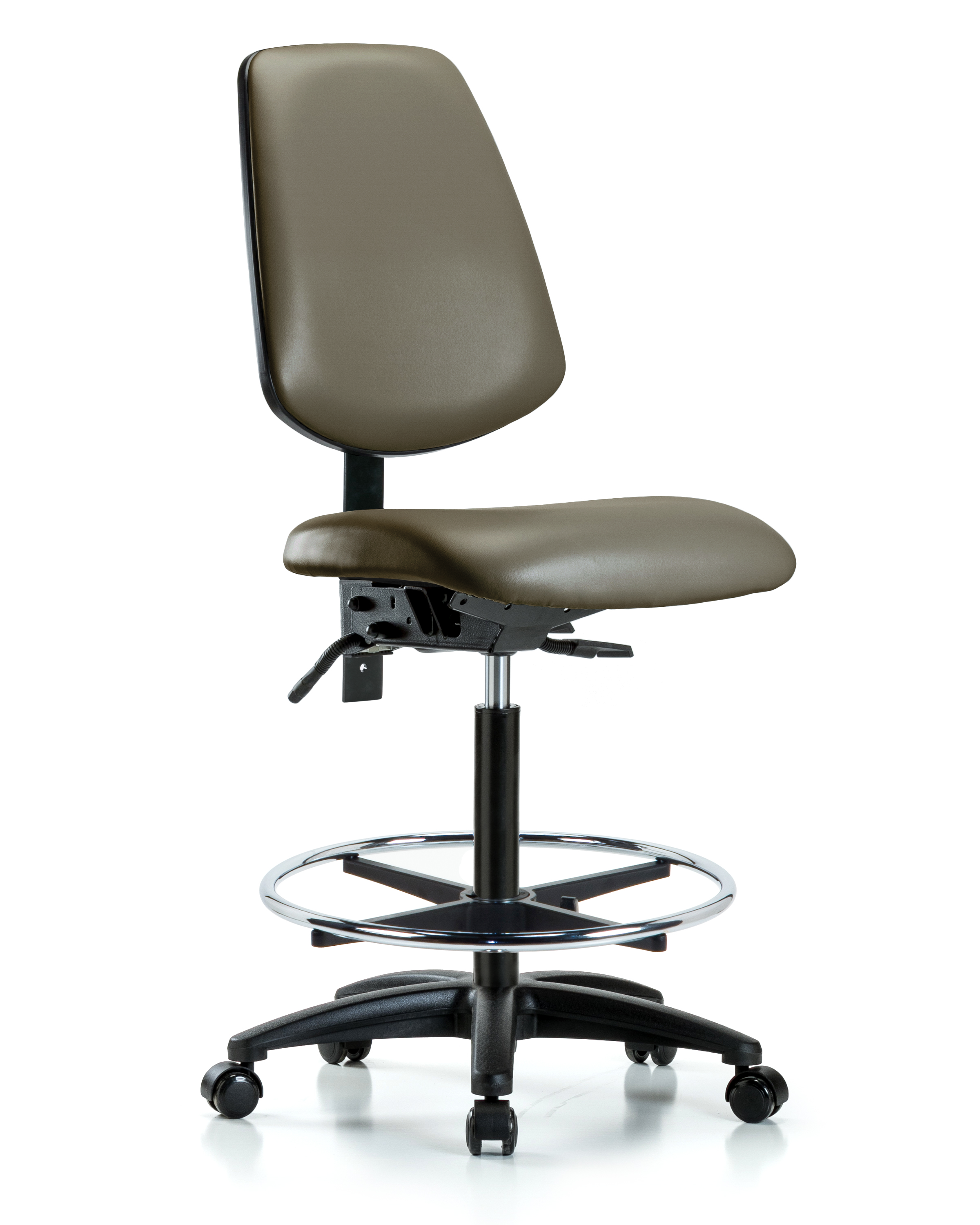 Rutledge Vinyl Chair - High Bench Height with Medium Back, Chrome Foot Ring, & Casters in Taupe Supernova Vinyl