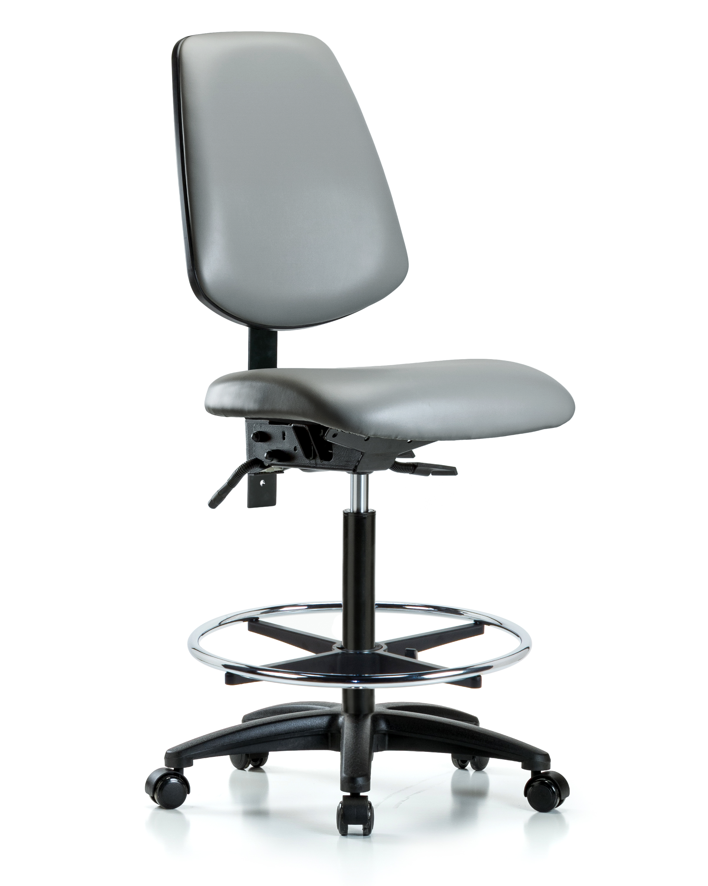 Rutledge Vinyl Chair - High Bench Height with Medium Back, Chrome Foot Ring, & Casters in Sterling Supernova Vinyl