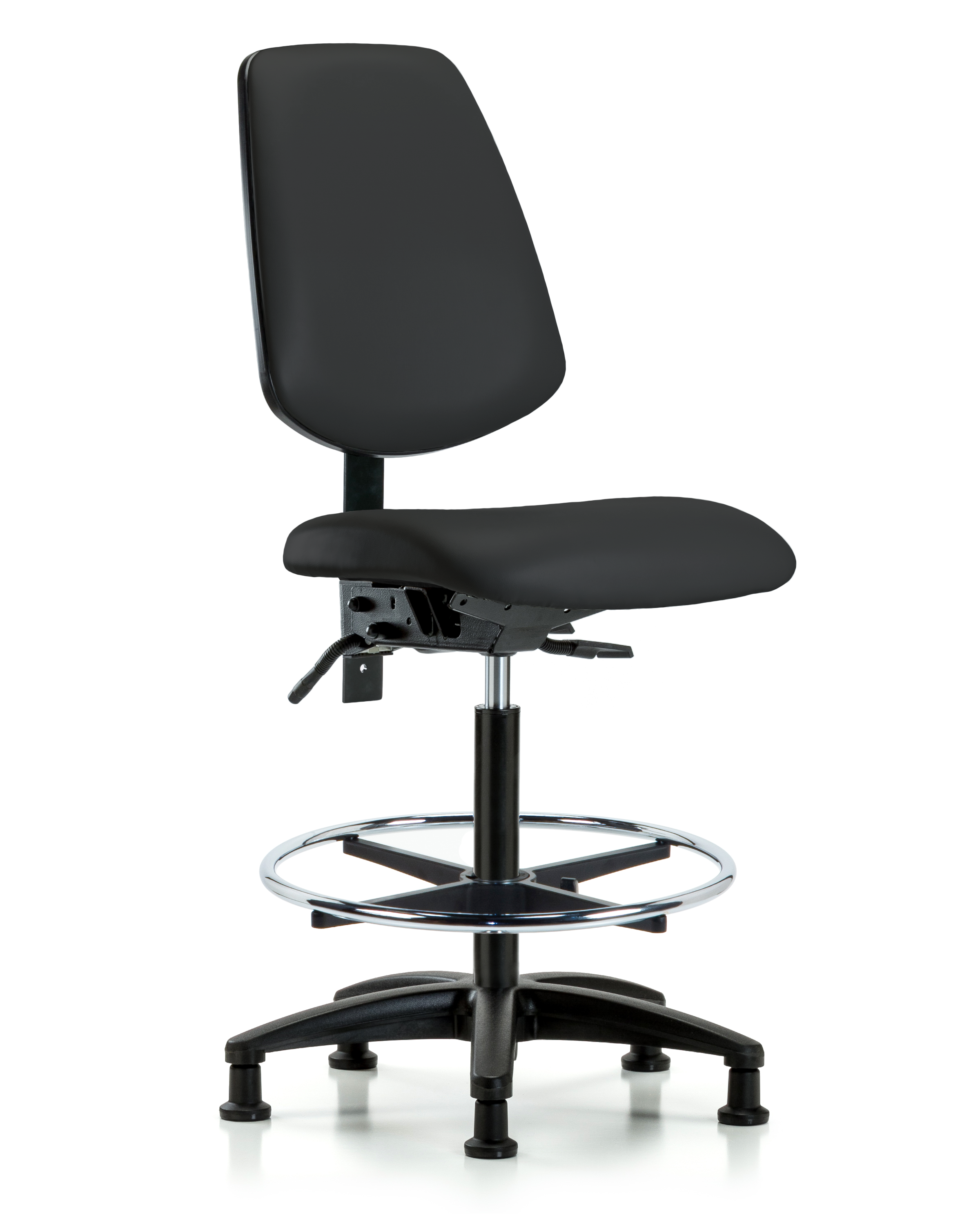 Rutledge Vinyl Chair - High Bench Height with Medium Back, Chrome Foot Ring, & Stationary Glides in Black Trailblazer Vinyl