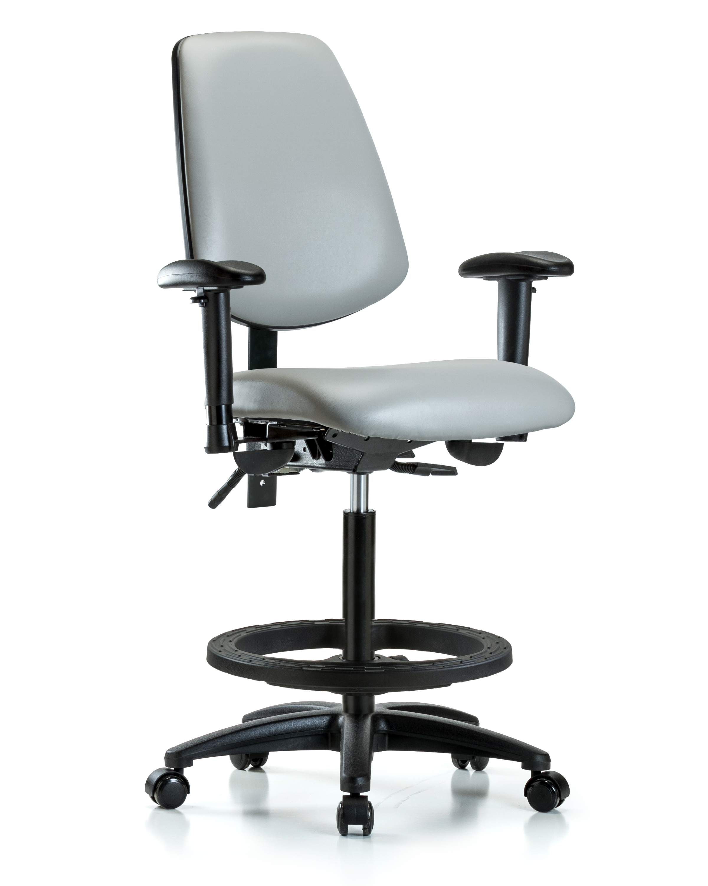 Rutledge Vinyl Chair - High Bench Height with Medium Back, Adjustable Arms, Black Foot Ring, & Casters in Dove Trailblazer Vinyl