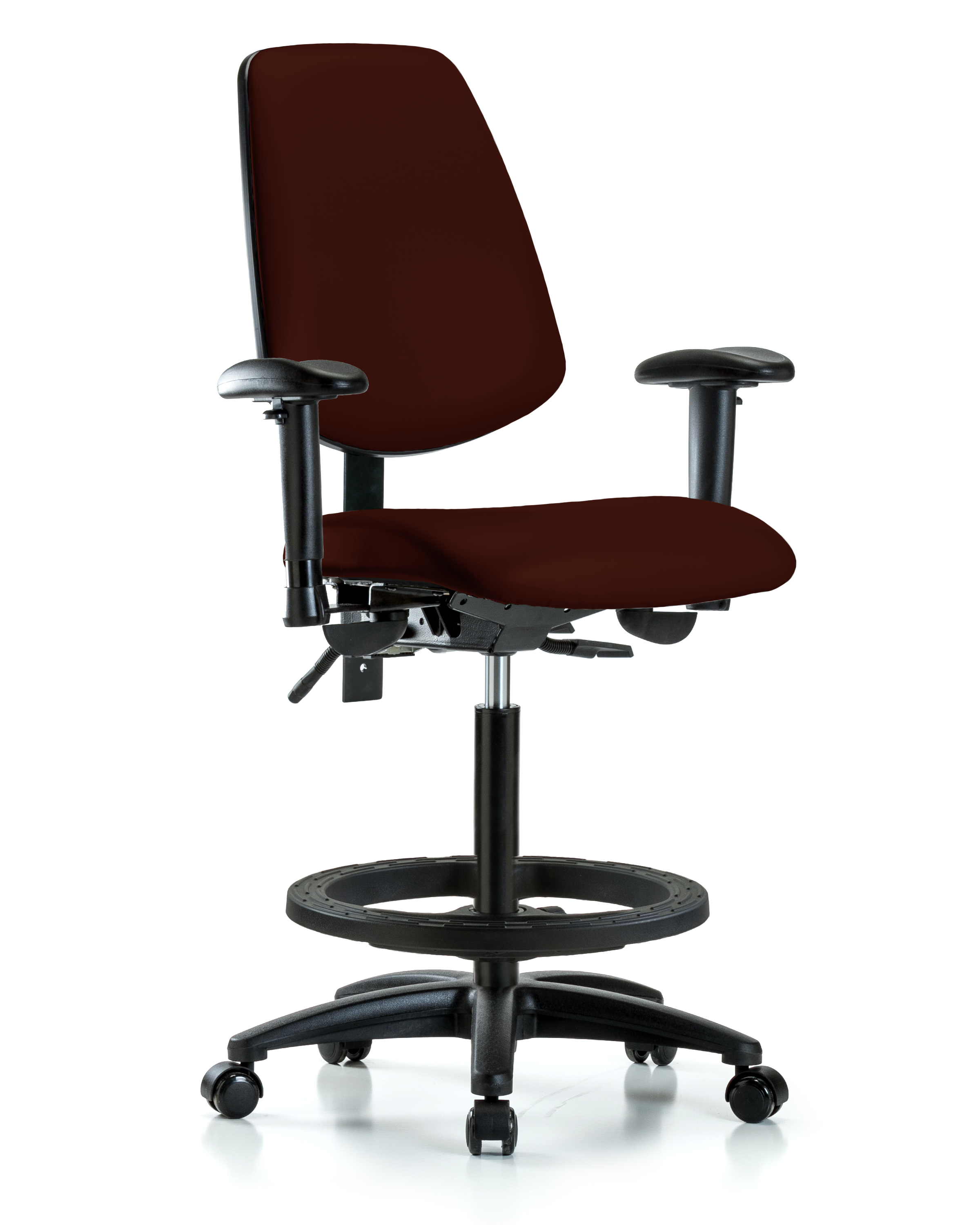 Rutledge Vinyl Chair - High Bench Height with Medium Back, Adjustable Arms, Black Foot Ring, & Casters in Burgundy Trailblazer Vinyl