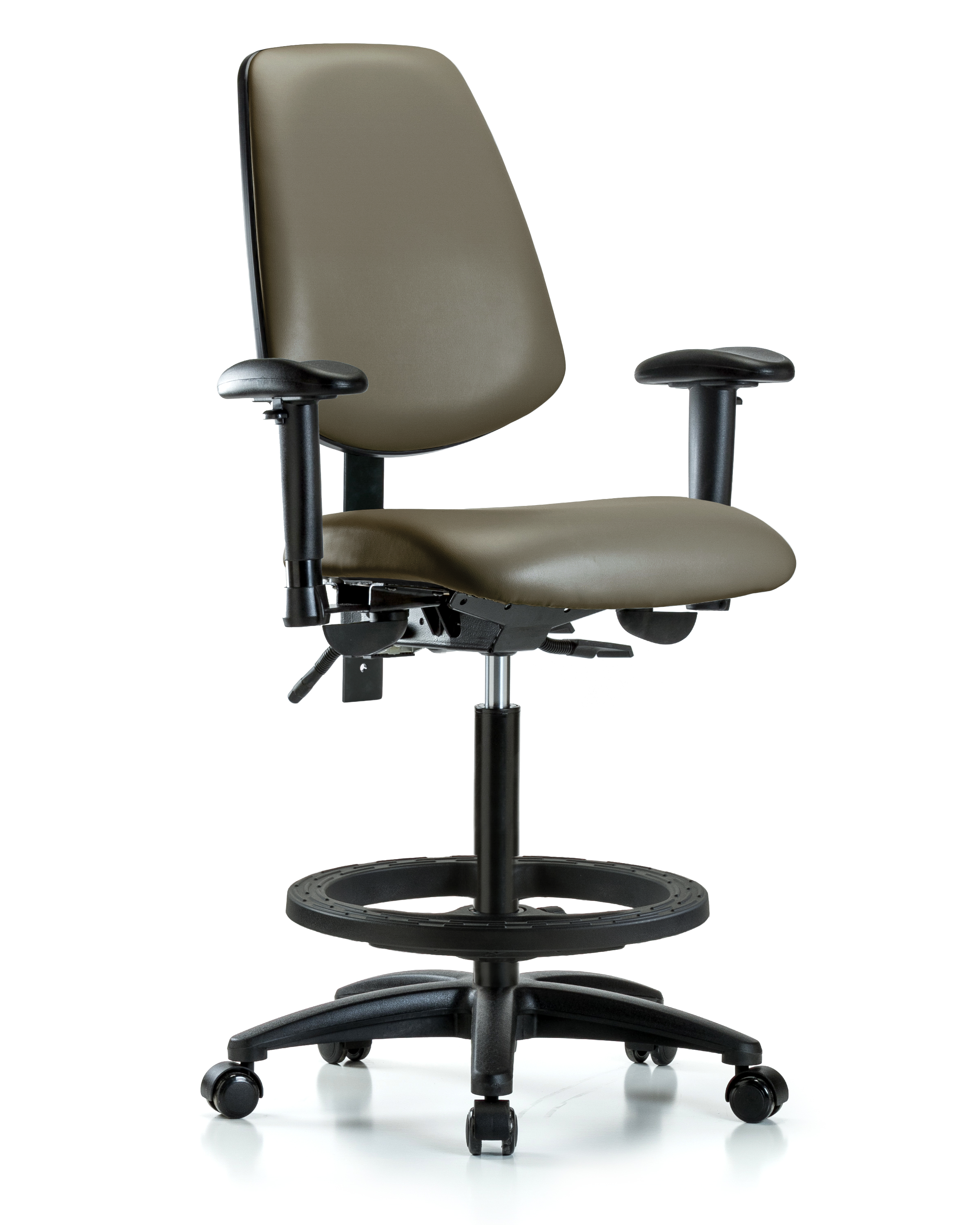 Rutledge Vinyl Chair - High Bench Height with Medium Back, Adjustable Arms, Black Foot Ring, & Casters in Taupe Supernova Vinyl
