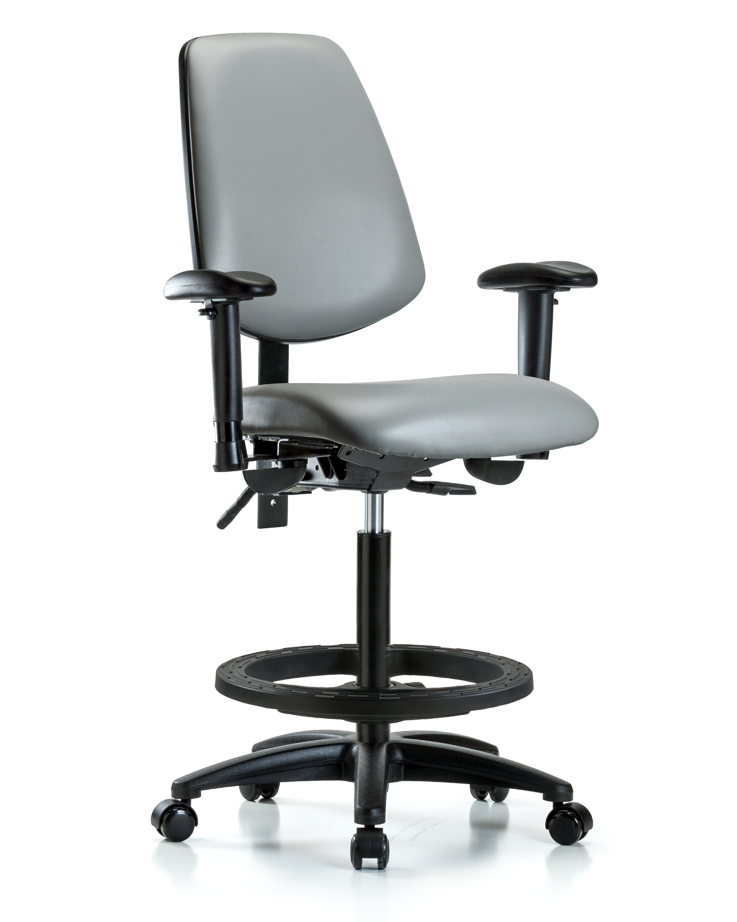 Rutledge Vinyl Chair - High Bench Height with Medium Back, Adjustable Arms, Black Foot Ring, & Casters in Sterling Supernova Vinyl