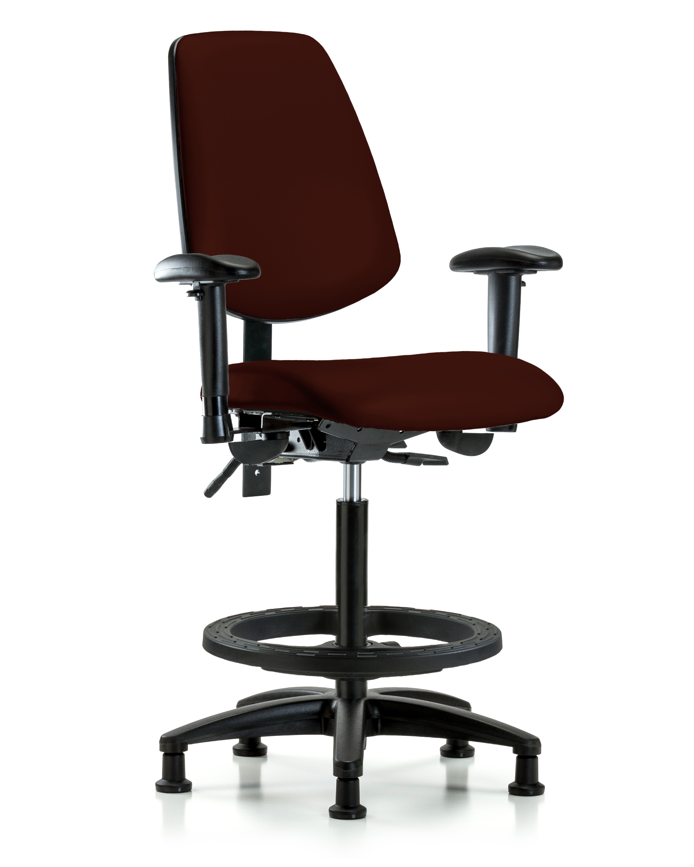 Rutledge Vinyl Chair - High Bench Height with Medium Back, Adjustable Arms, Black Foot Ring, & Stationary Glides in Burgundy Trailblazer Vinyl