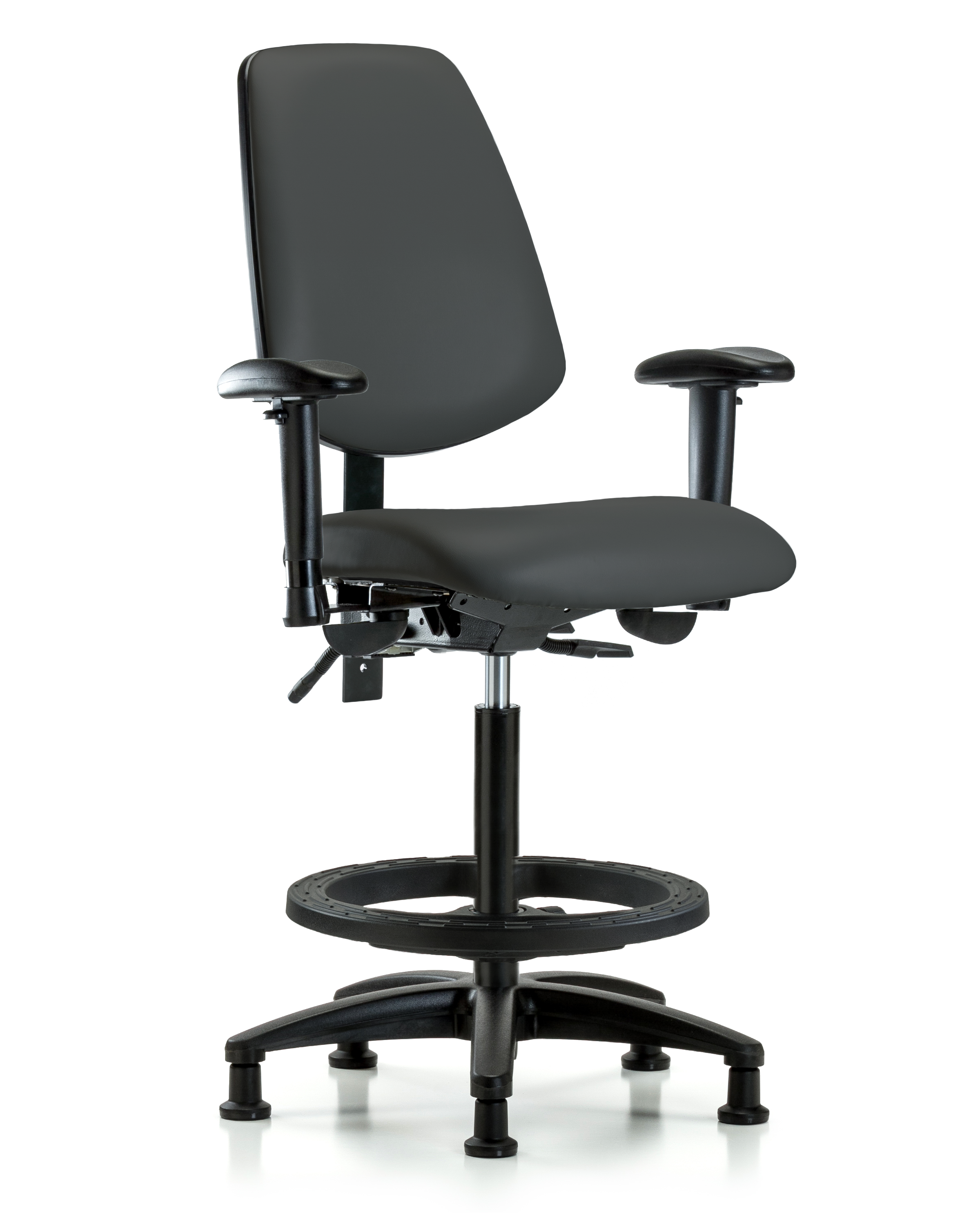 Rutledge Vinyl Chair - High Bench Height with Medium Back, Adjustable Arms, Black Foot Ring, & Stationary Glides in Charcoal Trailblazer Vinyl