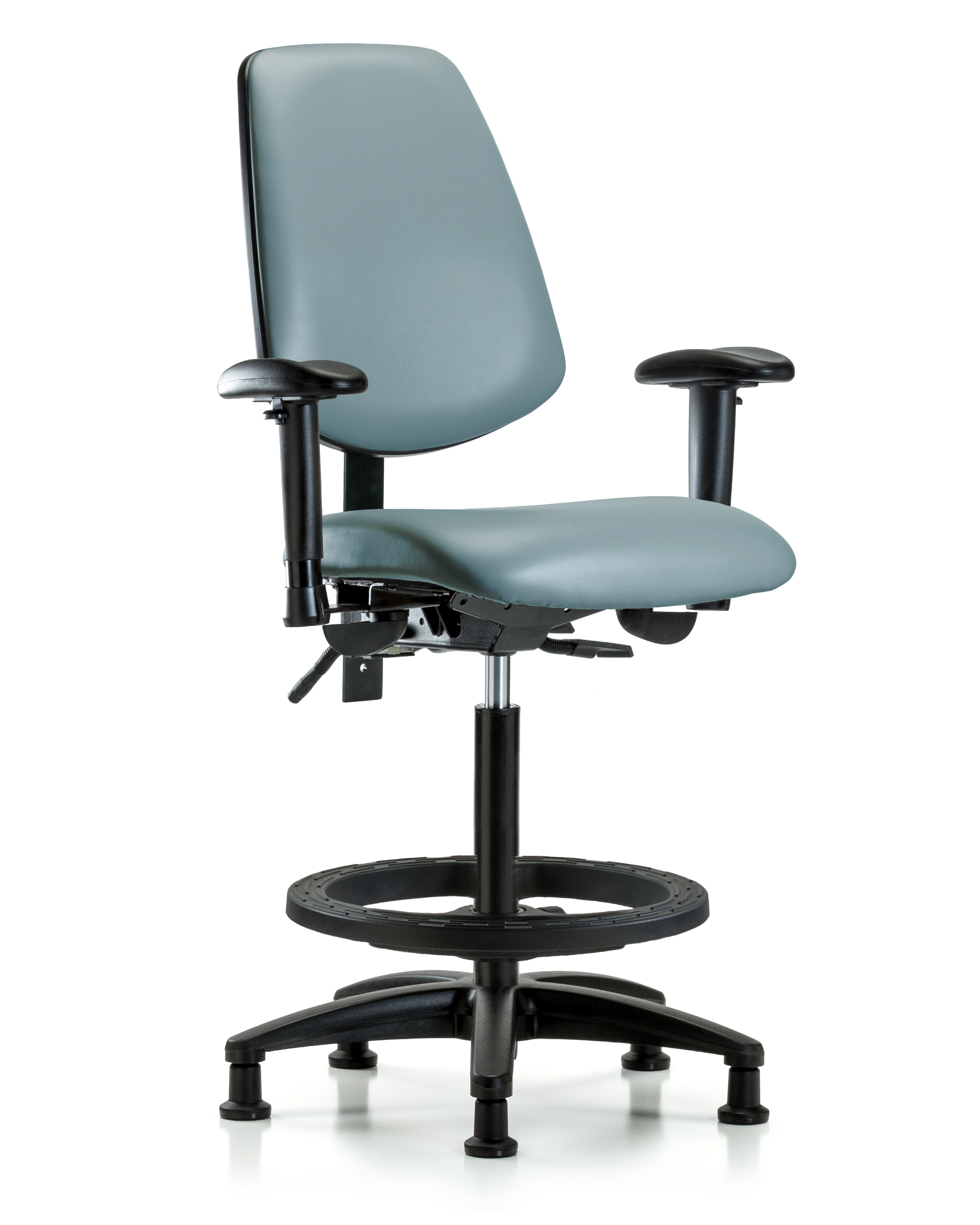 Rutledge Vinyl Chair - High Bench Height with Medium Back, Adjustable Arms, Black Foot Ring, & Stationary Glides in Storm Supernova Vinyl
