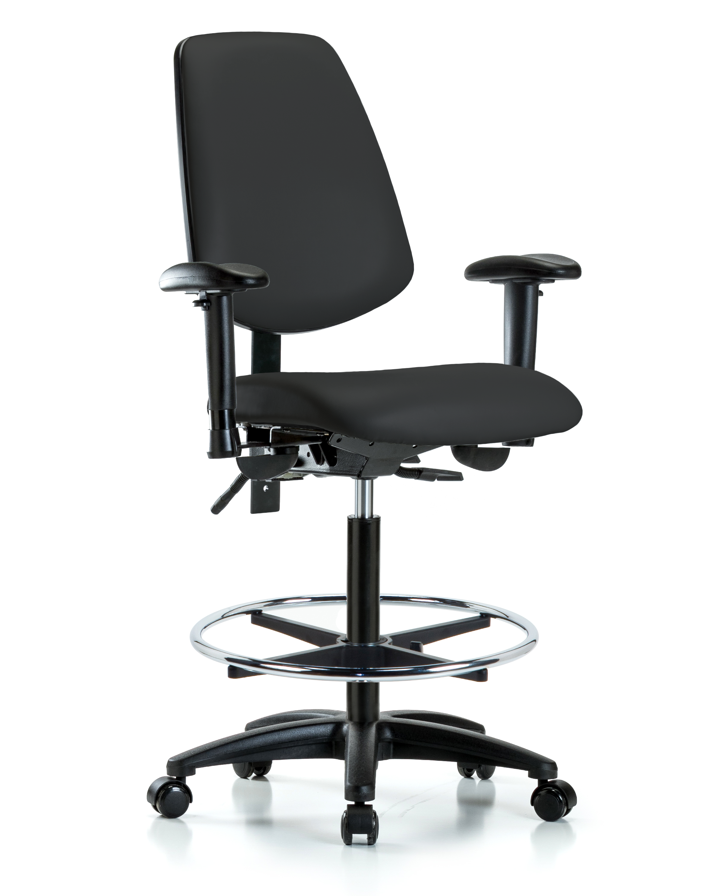 Rutledge Vinyl Chair - High Bench Height with Medium Back, Adjustable Arms, Chrome Foot Ring, & Casters in Black Trailblazer Vinyl