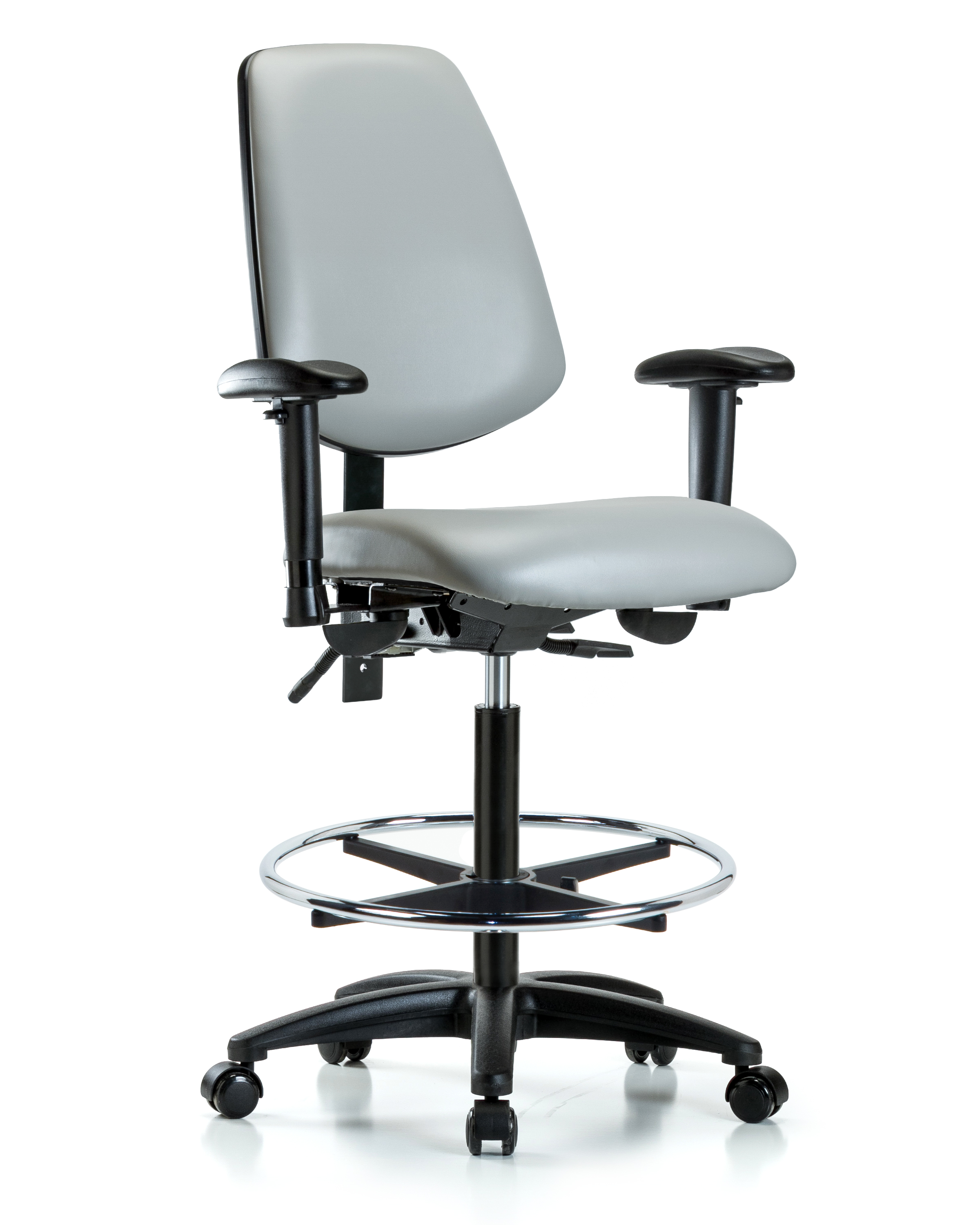Rutledge Vinyl Chair - High Bench Height with Medium Back, Adjustable Arms, Chrome Foot Ring, & Casters in Dove Trailblazer Vinyl