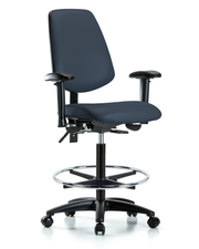 Rutledge Vinyl Chair - High Bench Height with Medium Back, Adjustable Arms, Chrome Foot Ring, & Casters in Imperial Blue Trailblazer Vinyl