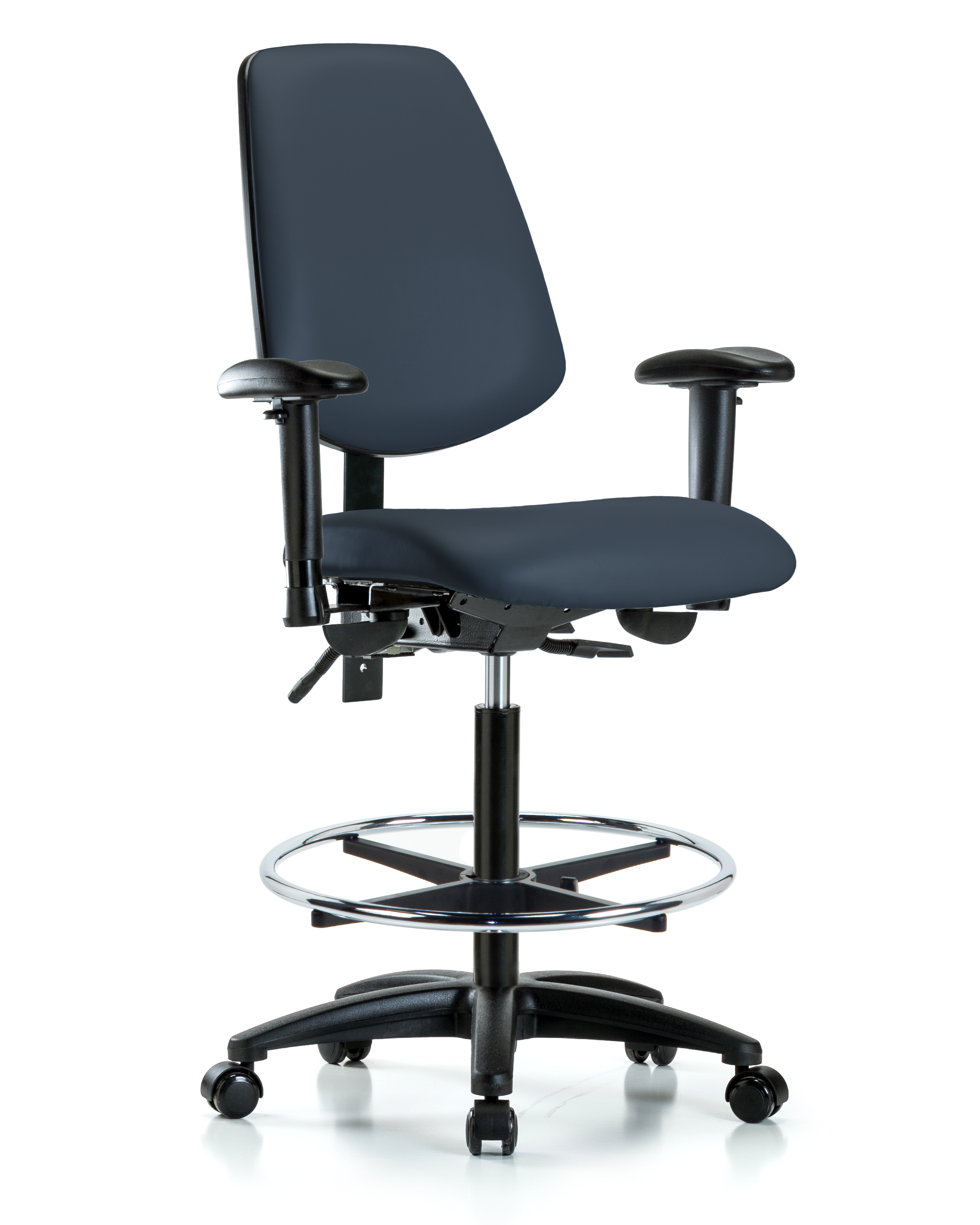 Rutledge Vinyl Chair - High Bench Height with Medium Back, Adjustable Arms, Chrome Foot Ring, & Casters in Imperial Blue Trailblazer Vinyl