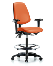 Rutledge Vinyl Chair - High Bench Height with Medium Back, Adjustable Arms, Chrome Foot Ring, & Casters in Orange Kist Trailblazer Vinyl