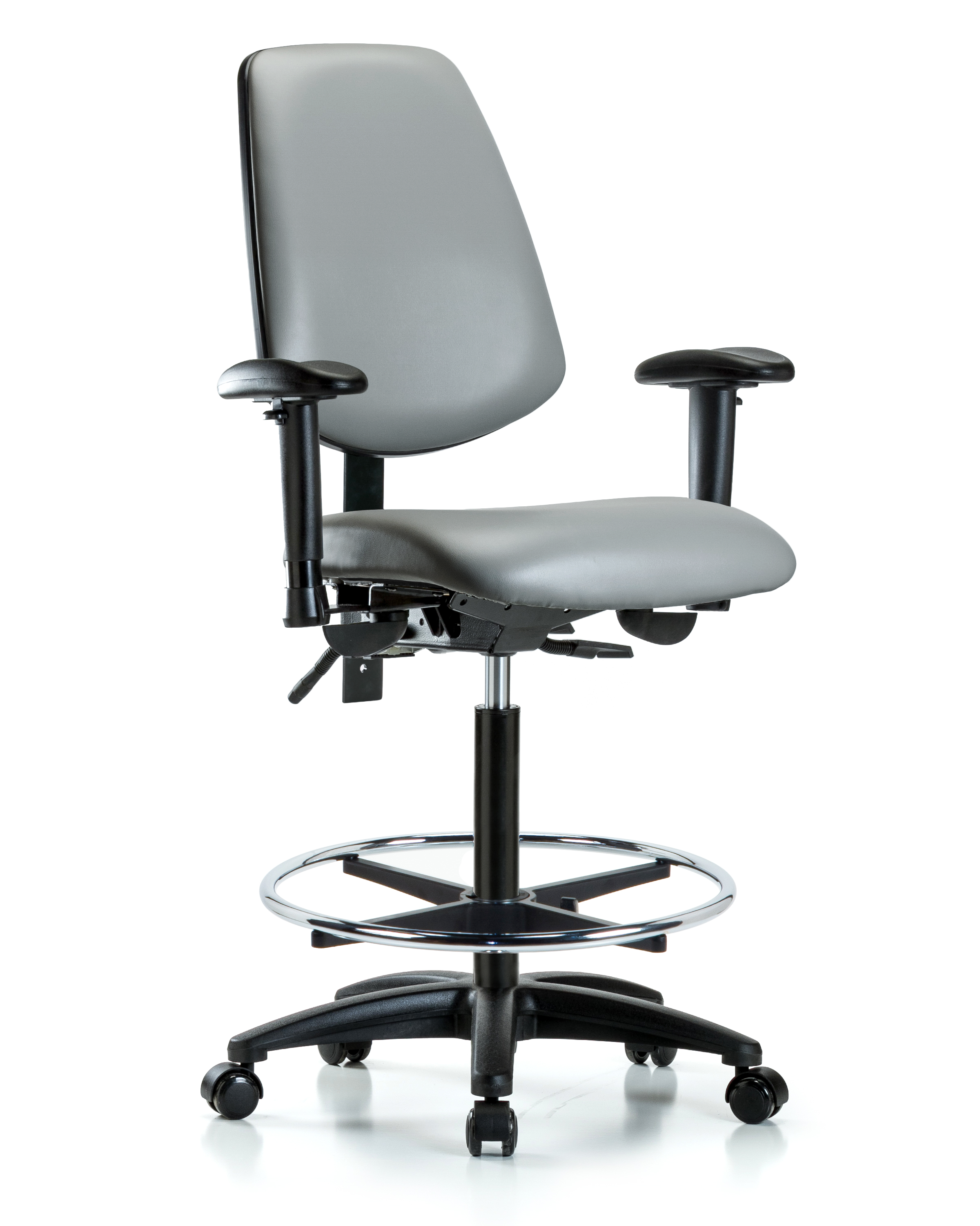 Rutledge Vinyl Chair - High Bench Height with Medium Back, Adjustable Arms, Chrome Foot Ring, & Casters in Sterling Supernova Vinyl