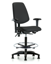 Rutledge Vinyl Chair - High Bench Height with Medium Back, Adjustable Arms, Chrome Foot Ring, & Stationary Glides in Black Trailblazer Vinyl