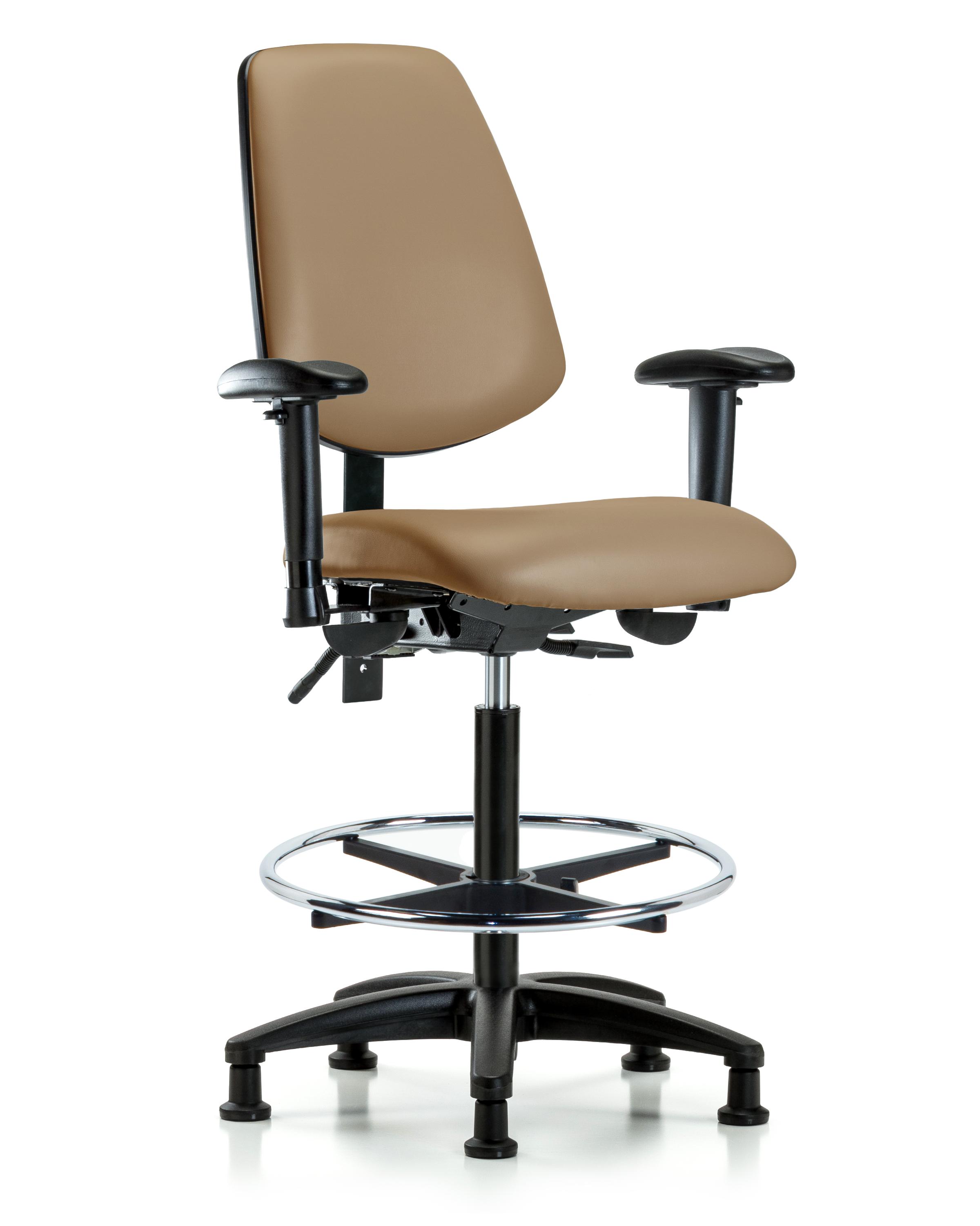 Rutledge Vinyl Chair - High Bench Height with Medium Back, Adjustable Arms, Chrome Foot Ring, & Stationary Glides in Taupe Trailblazer Vinyl