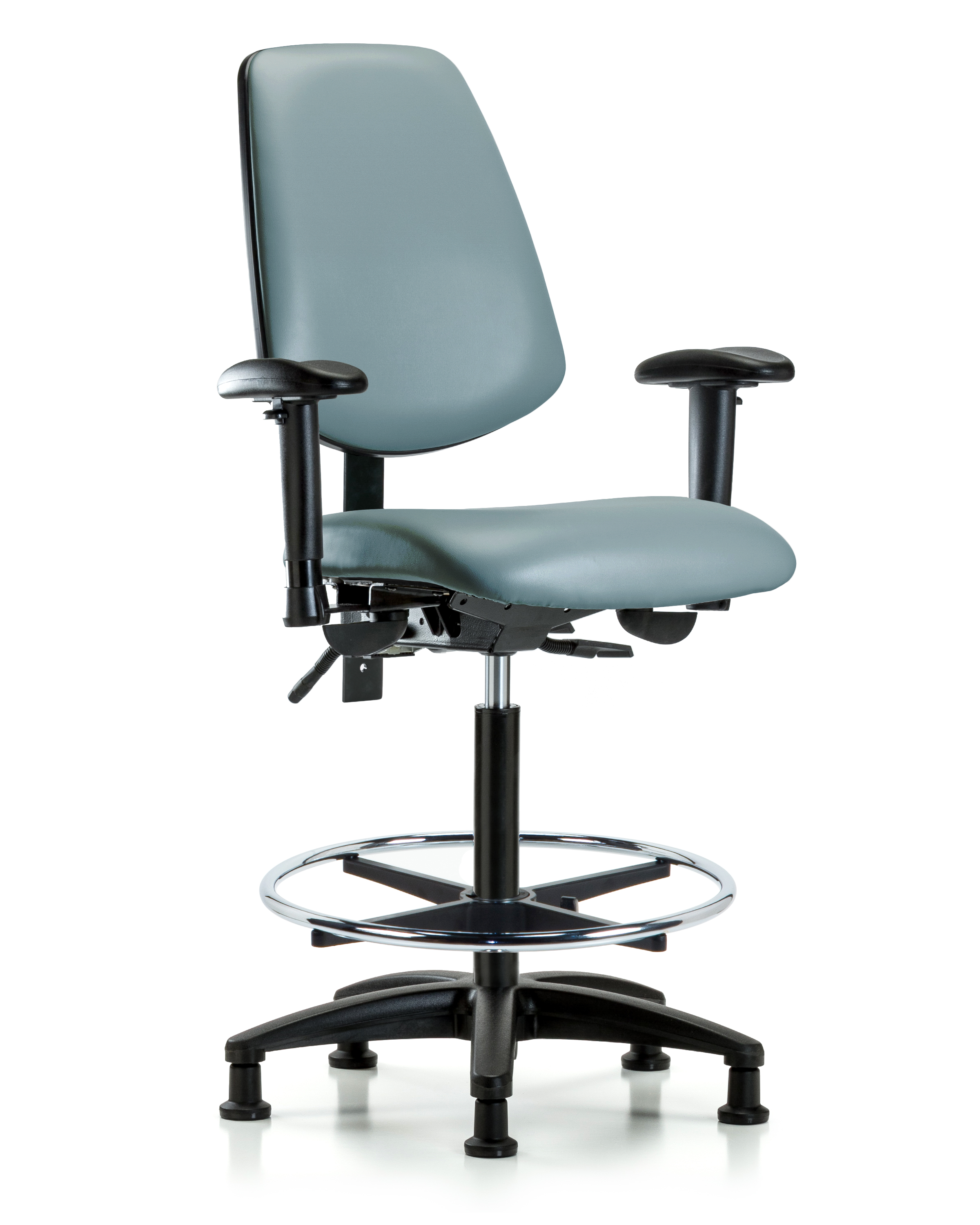 Rutledge Vinyl Chair - High Bench Height with Medium Back, Adjustable Arms, Chrome Foot Ring, & Stationary Glides in Storm Supernova Vinyl