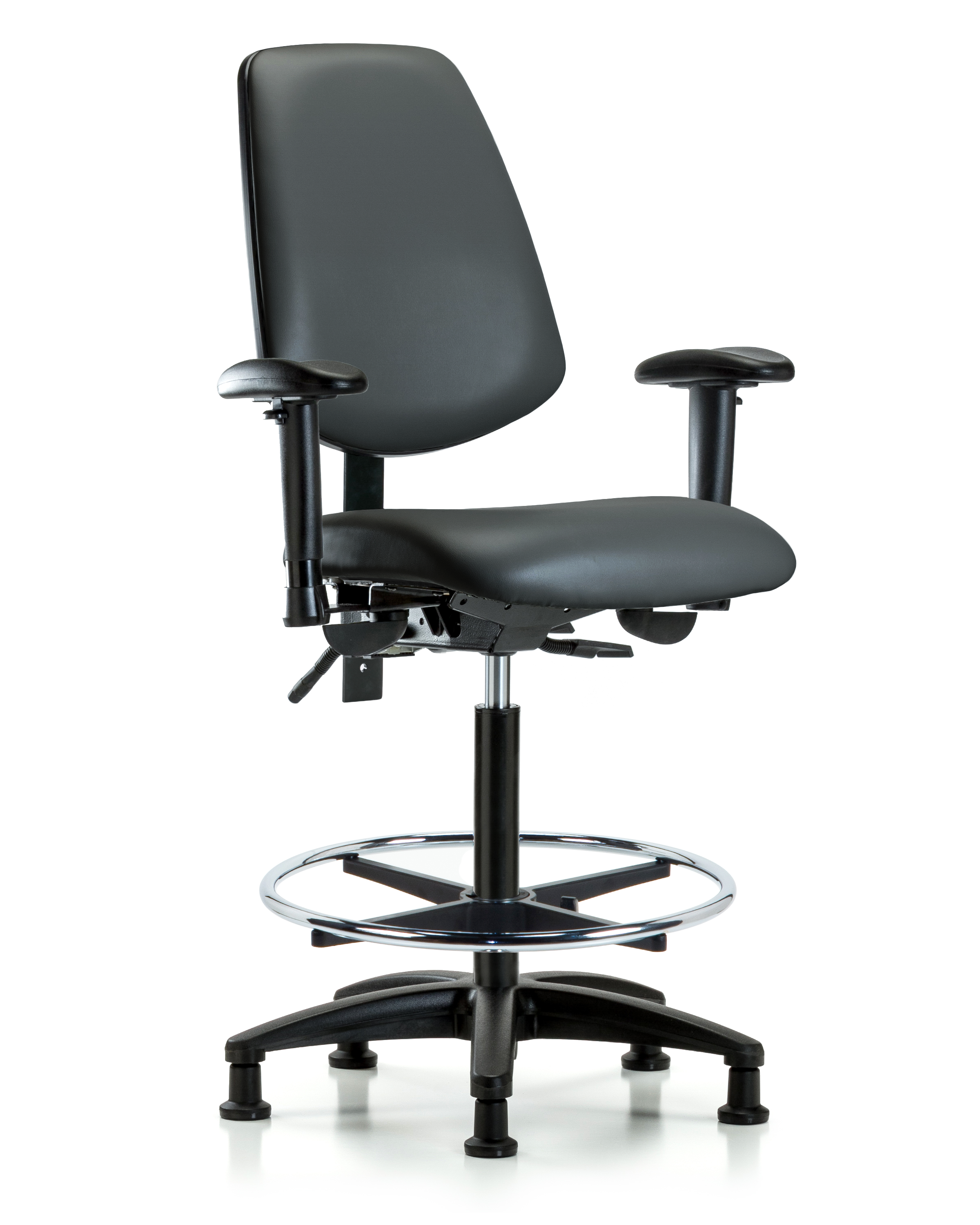 Rutledge Vinyl Chair - High Bench Height with Medium Back, Adjustable Arms, Chrome Foot Ring, & Stationary Glides in Carbon Supernova Vinyl