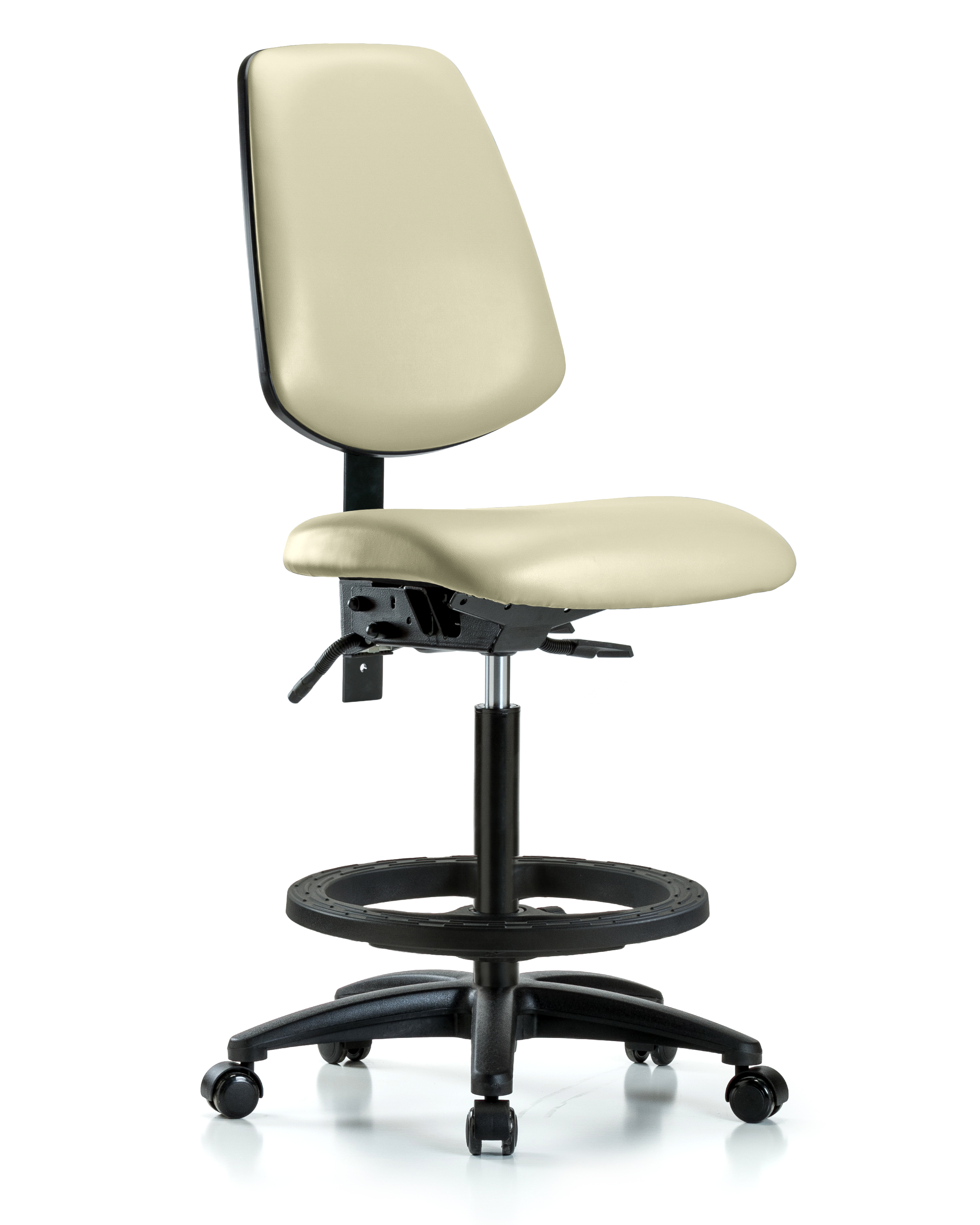 Rutledge Vinyl Chair - High Bench Height with Medium Back, Seat Tilt, Black Foot Ring, & Casters in Adobe White Trailblazer Vinyl