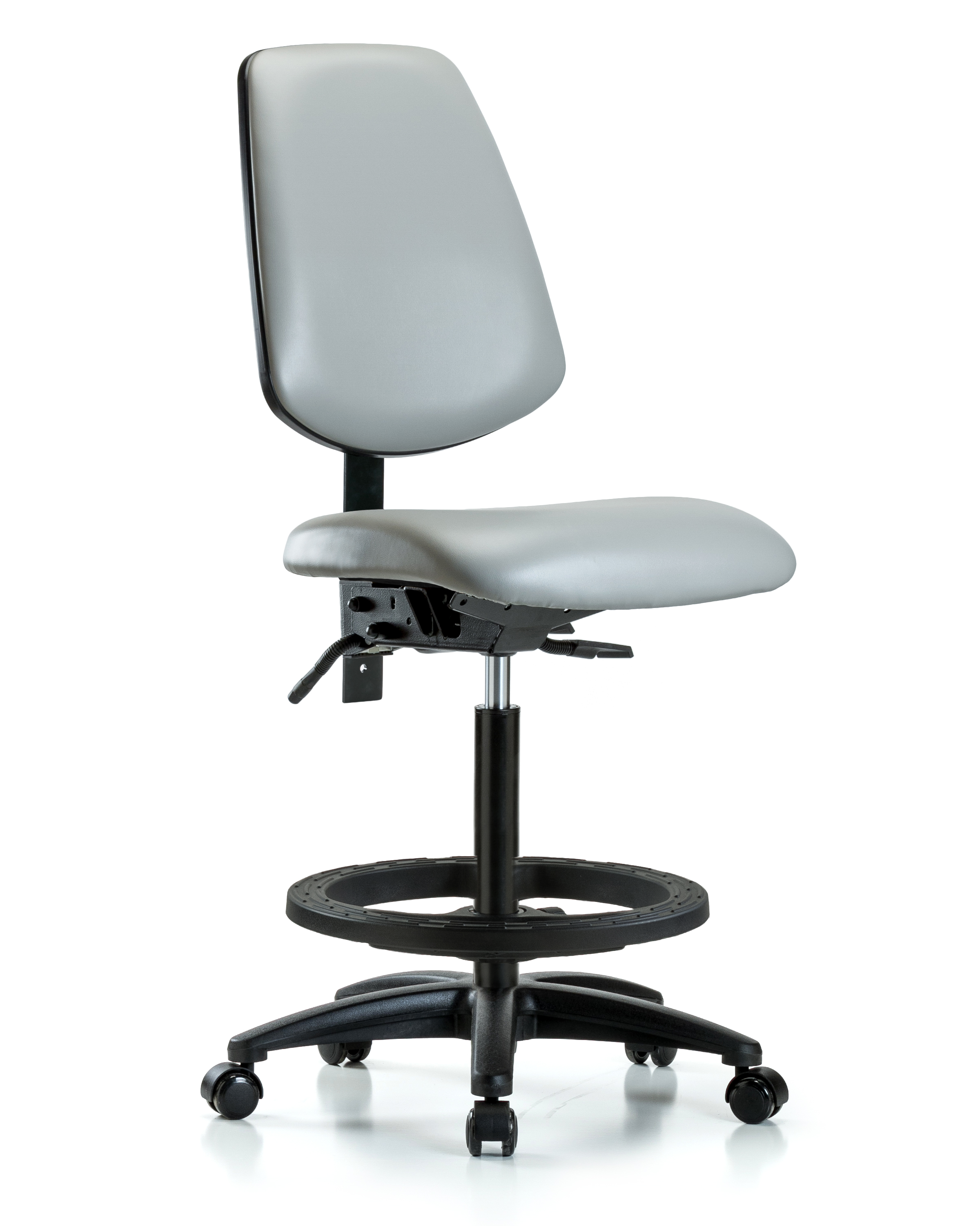 Rutledge Vinyl Chair - High Bench Height with Medium Back, Seat Tilt, Black Foot Ring, & Casters in Dove Trailblazer Vinyl