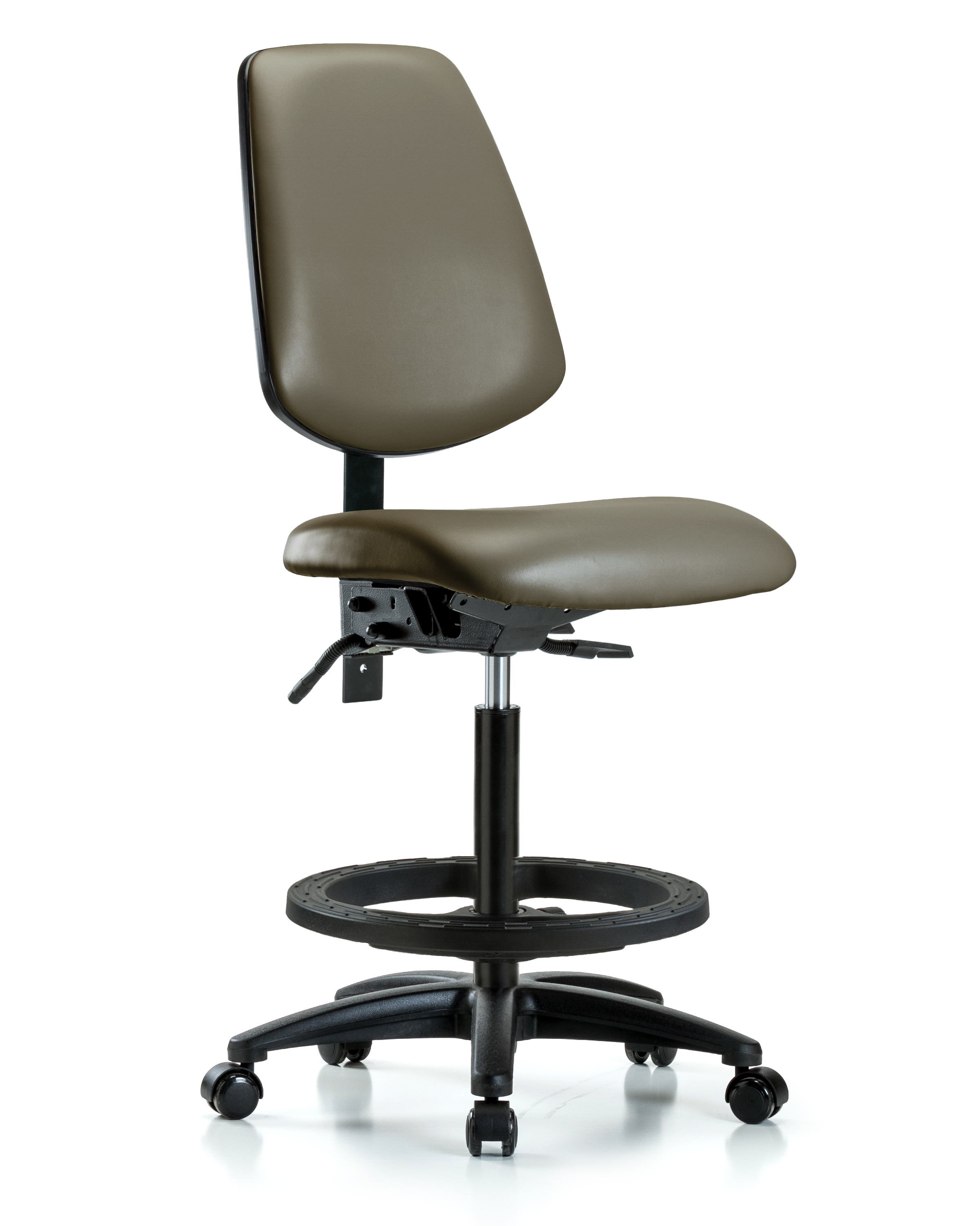 Rutledge Vinyl Chair - High Bench Height with Medium Back, Seat Tilt, Black Foot Ring, & Casters in Taupe Supernova Vinyl