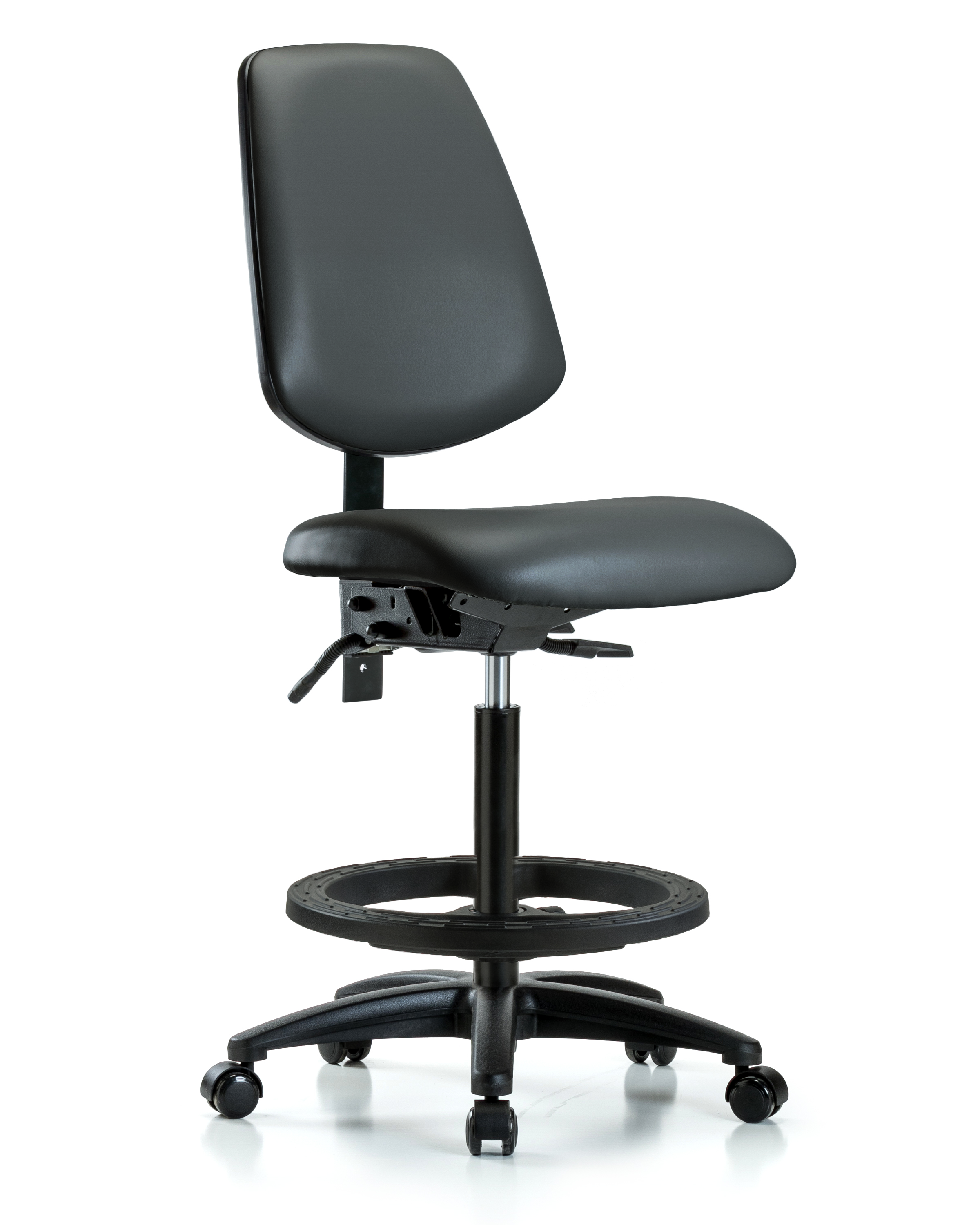 Rutledge Vinyl Chair - High Bench Height with Medium Back, Seat Tilt, Black Foot Ring, & Casters in Carbon Supernova Vinyl