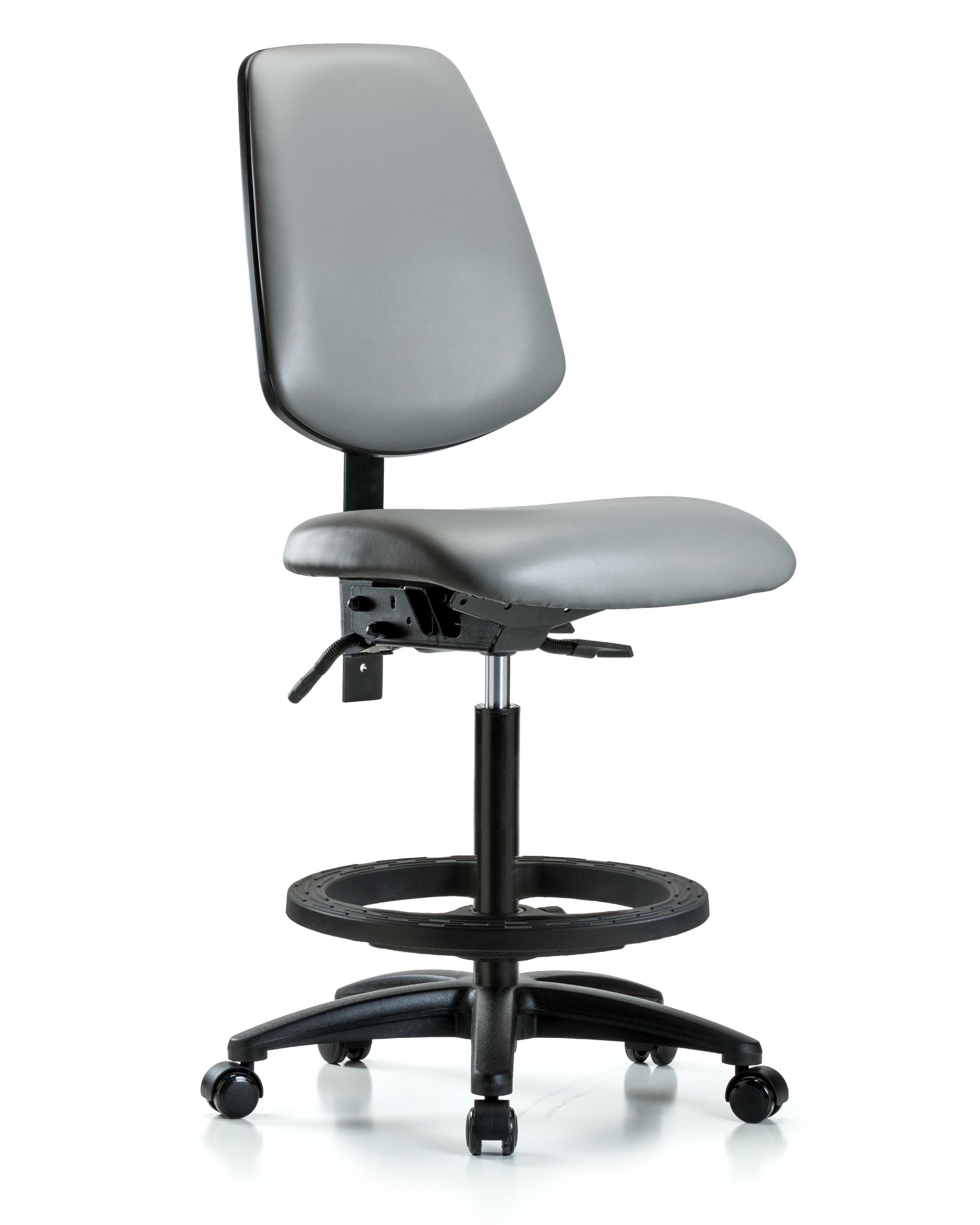 Rutledge Vinyl Chair - High Bench Height with Medium Back, Seat Tilt, Black Foot Ring, & Casters in Sterling Supernova Vinyl