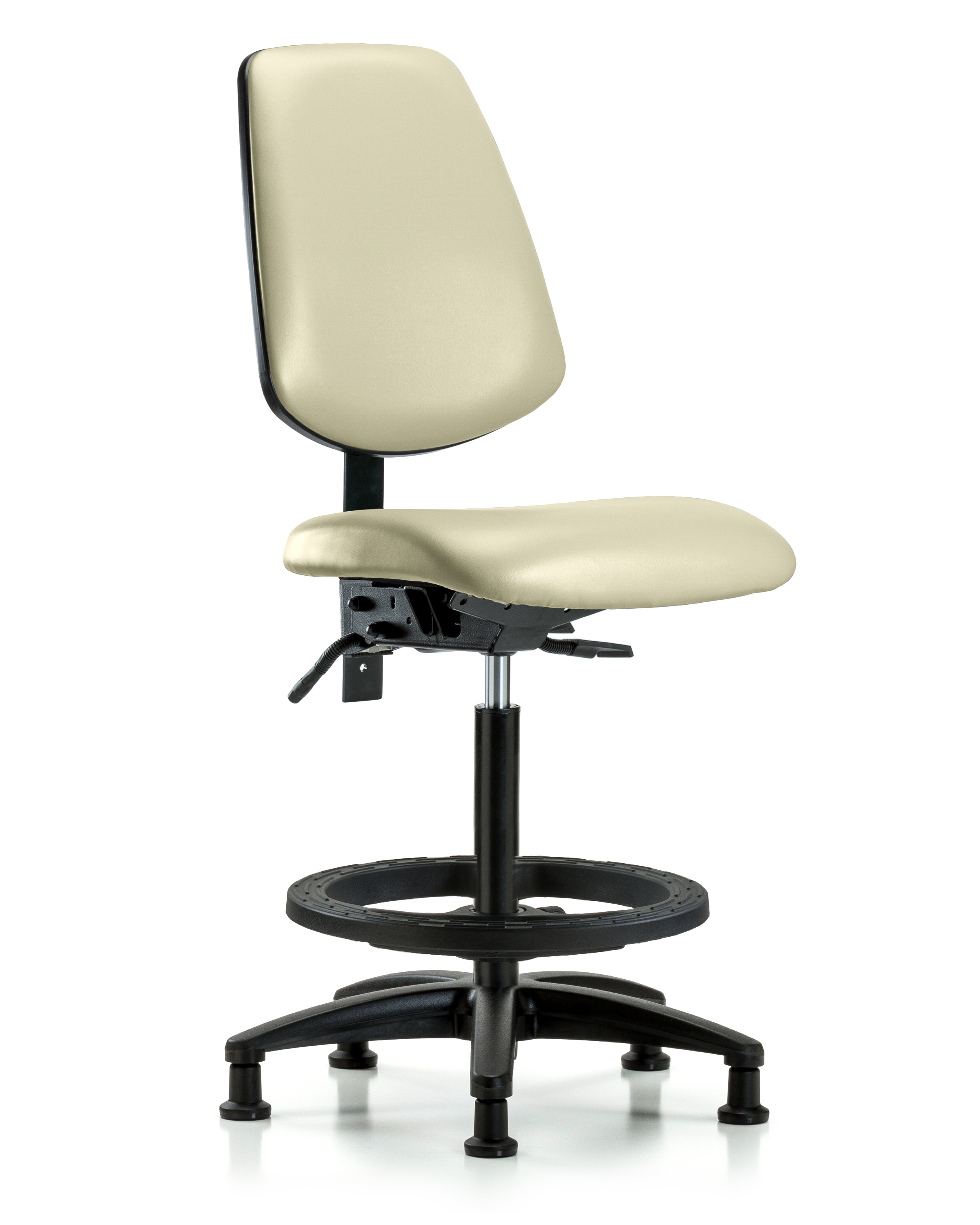 Rutledge Vinyl Chair - High Bench Height with Medium Back, Seat Tilt, Black Foot Ring, & Stationary Glides in Adobe White Trailblazer Vinyl