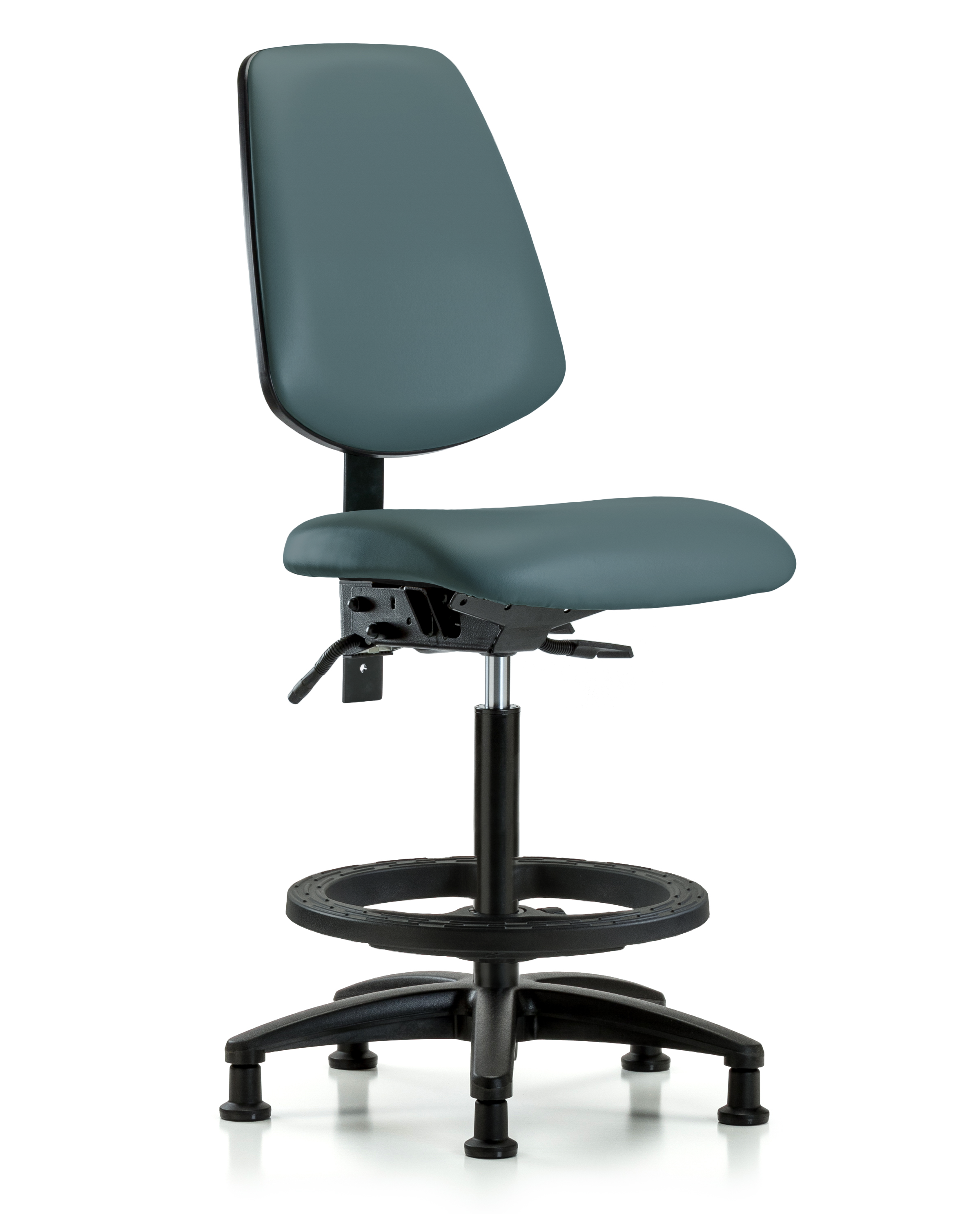 Rutledge Vinyl Chair - High Bench Height with Medium Back, Seat Tilt, Black Foot Ring, & Stationary Glides in Colonial Blue Trailblazer Vinyl
