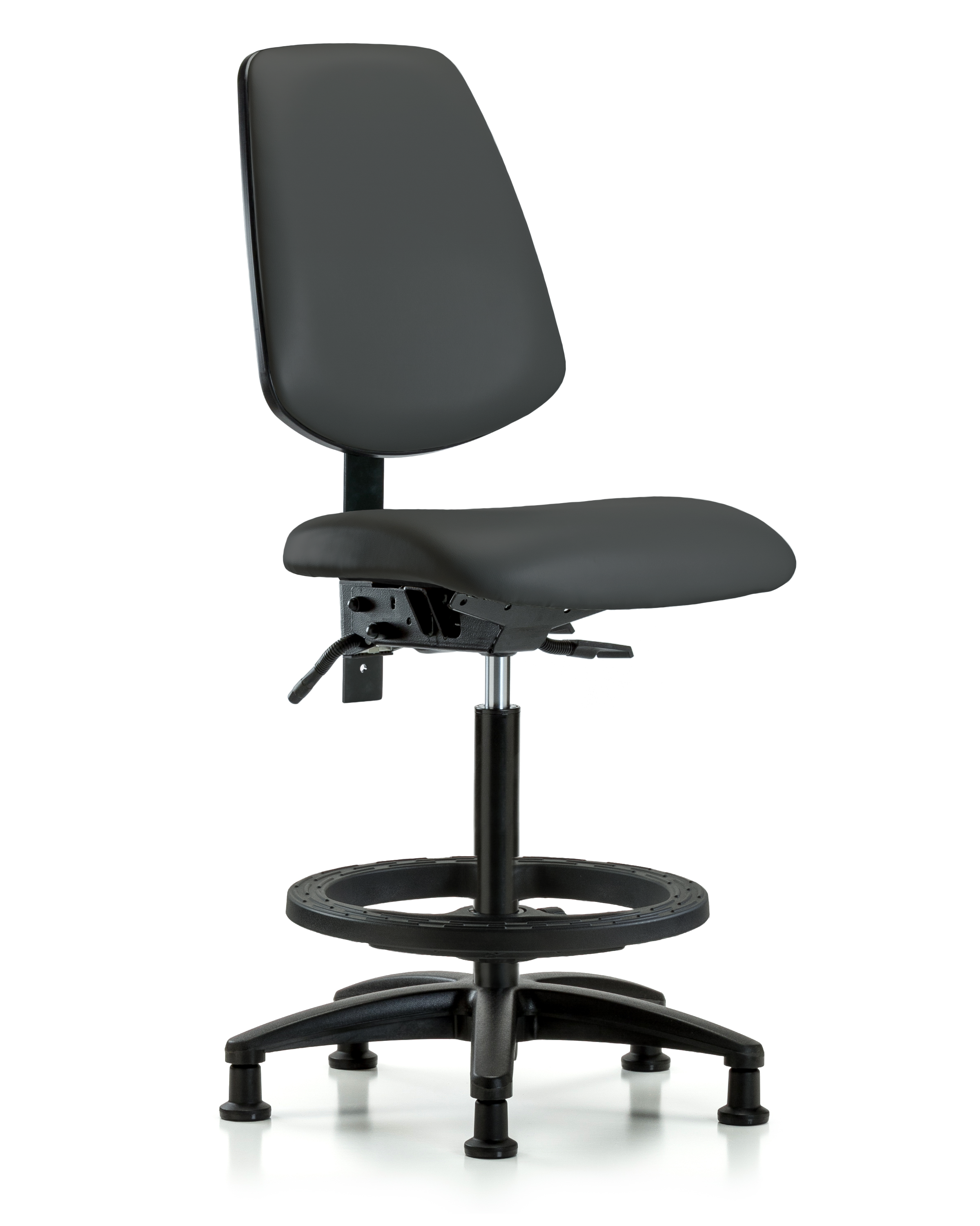 Rutledge Vinyl Chair - High Bench Height with Medium Back, Seat Tilt, Black Foot Ring, & Stationary Glides in Charcoal Trailblazer Vinyl