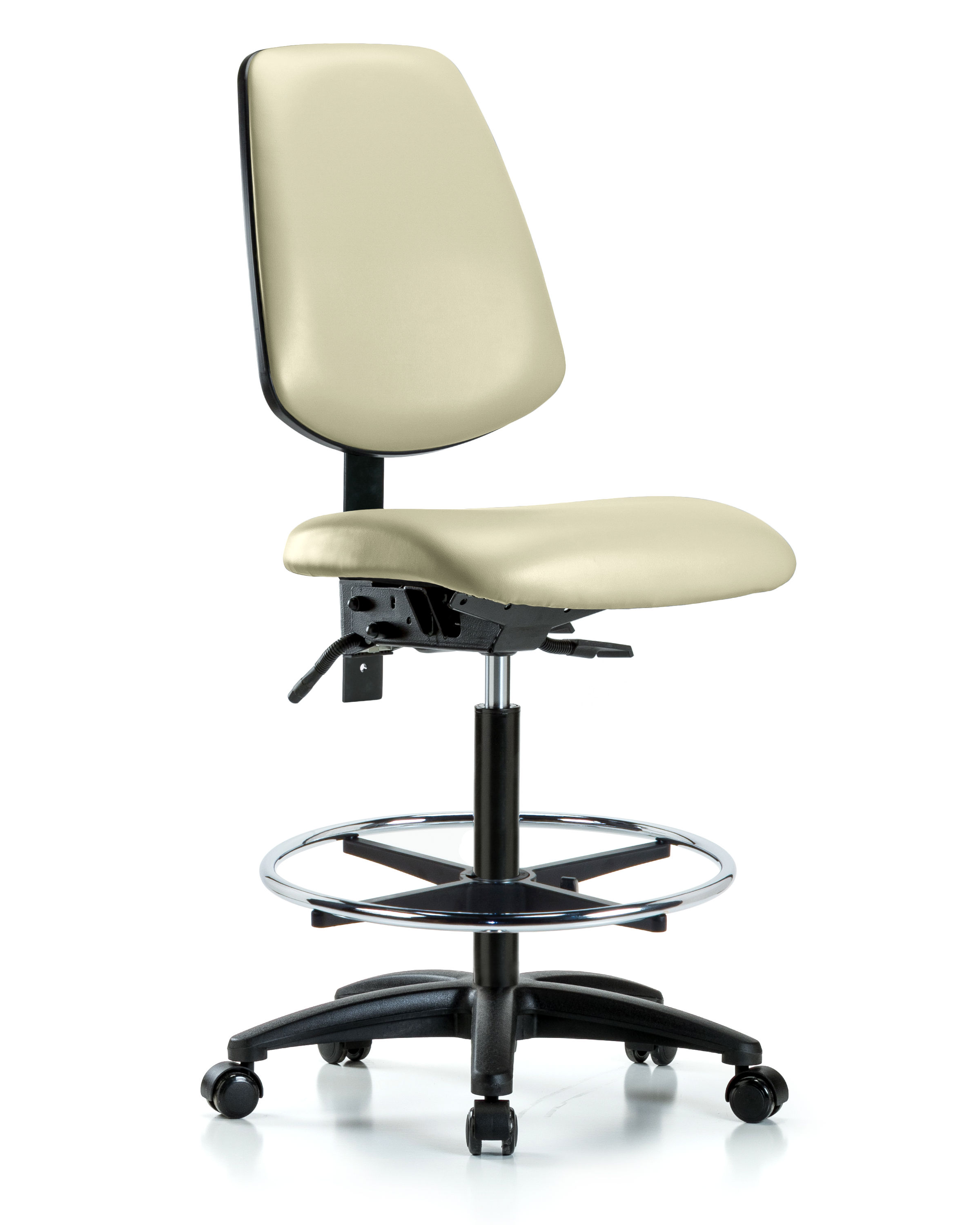 Rutledge Vinyl Chair - High Bench Height with Medium Back, Seat Tilt, Chrome Foot Ring, & Casters in Adobe White Trailblazer Vinyl