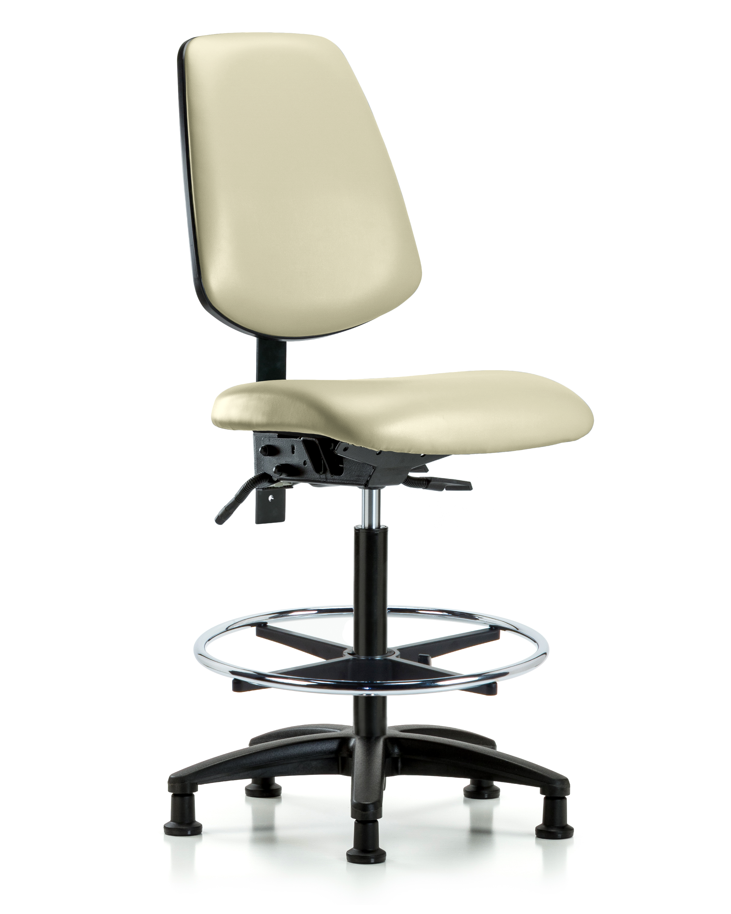 Rutledge Vinyl Chair - High Bench Height with Medium Back, Seat Tilt, Chrome Foot Ring, & Stationary Glides in Adobe White Trailblazer Vinyl