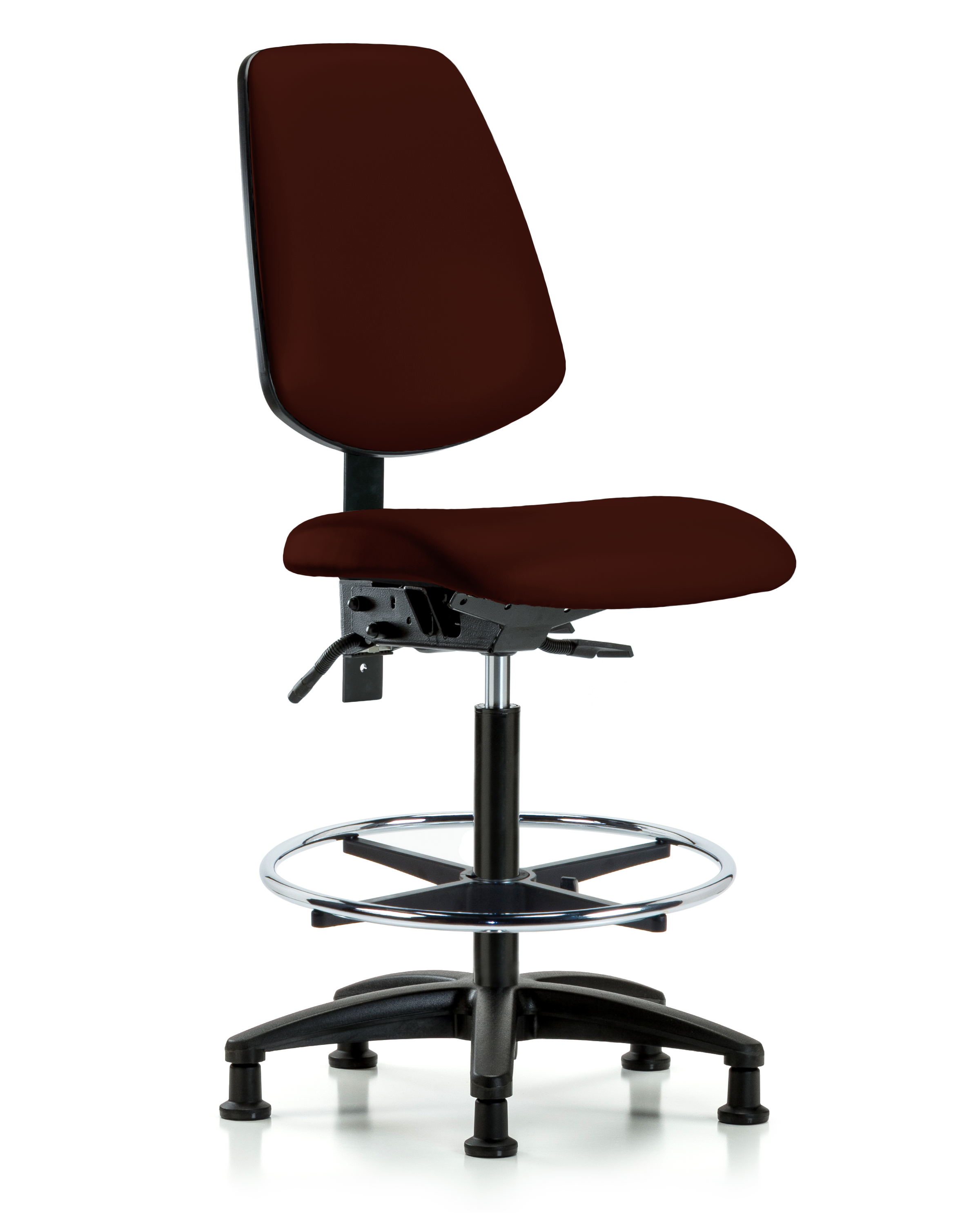 Rutledge Vinyl Chair - High Bench Height with Medium Back, Seat Tilt, Chrome Foot Ring, & Stationary Glides in Burgundy Trailblazer Vinyl