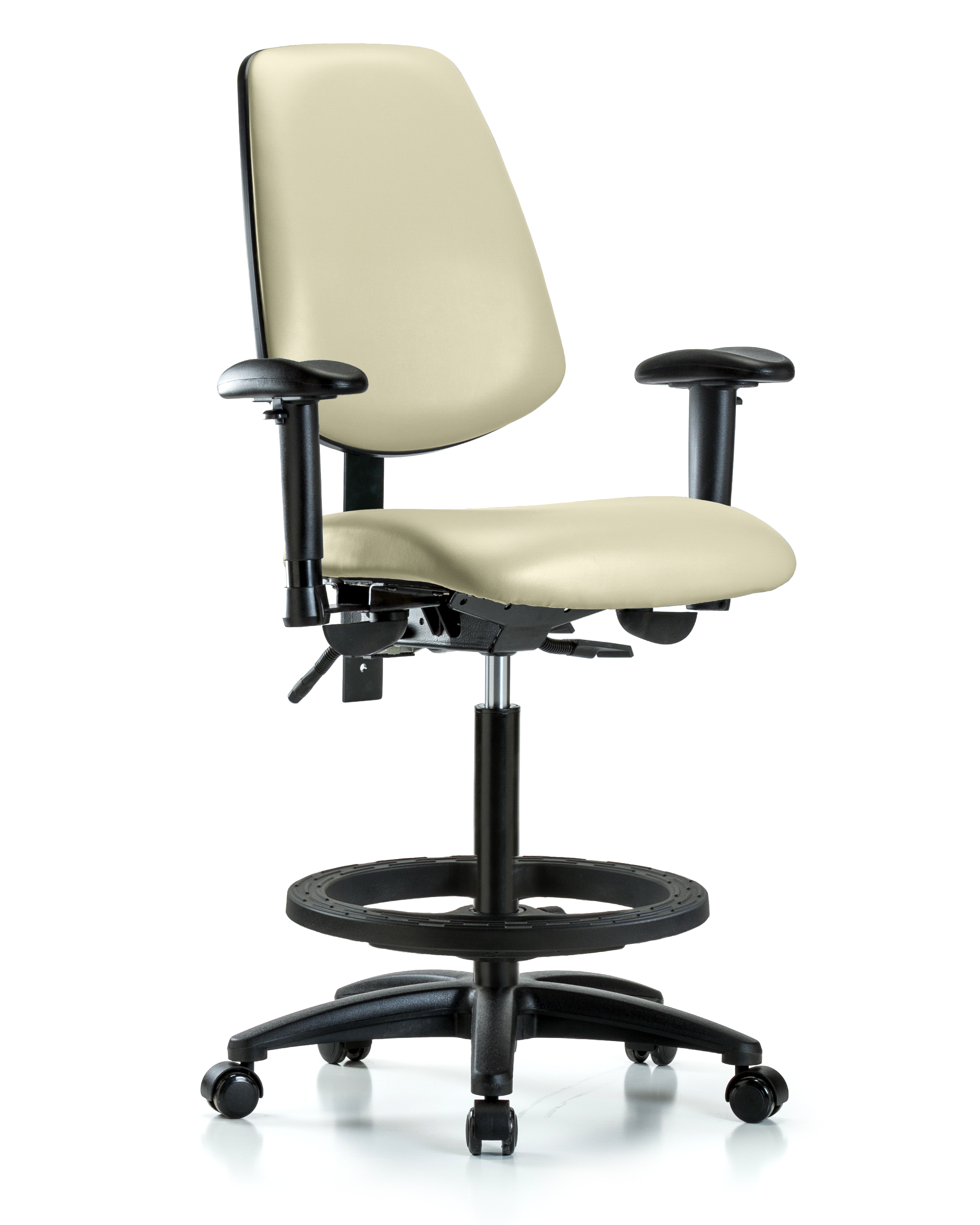 Rutledge Vinyl Chair - High Bench Height with Medium Back, Seat Tilt, Adjustable Arms, Black Foot Ring, & Casters in Adobe White Trailblazer Vinyl