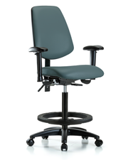 Rutledge Vinyl Chair - High Bench Height with Medium Back, Seat Tilt, Adjustable Arms, Black Foot Ring, & Casters in Colonial Blue Trailblazer Vinyl